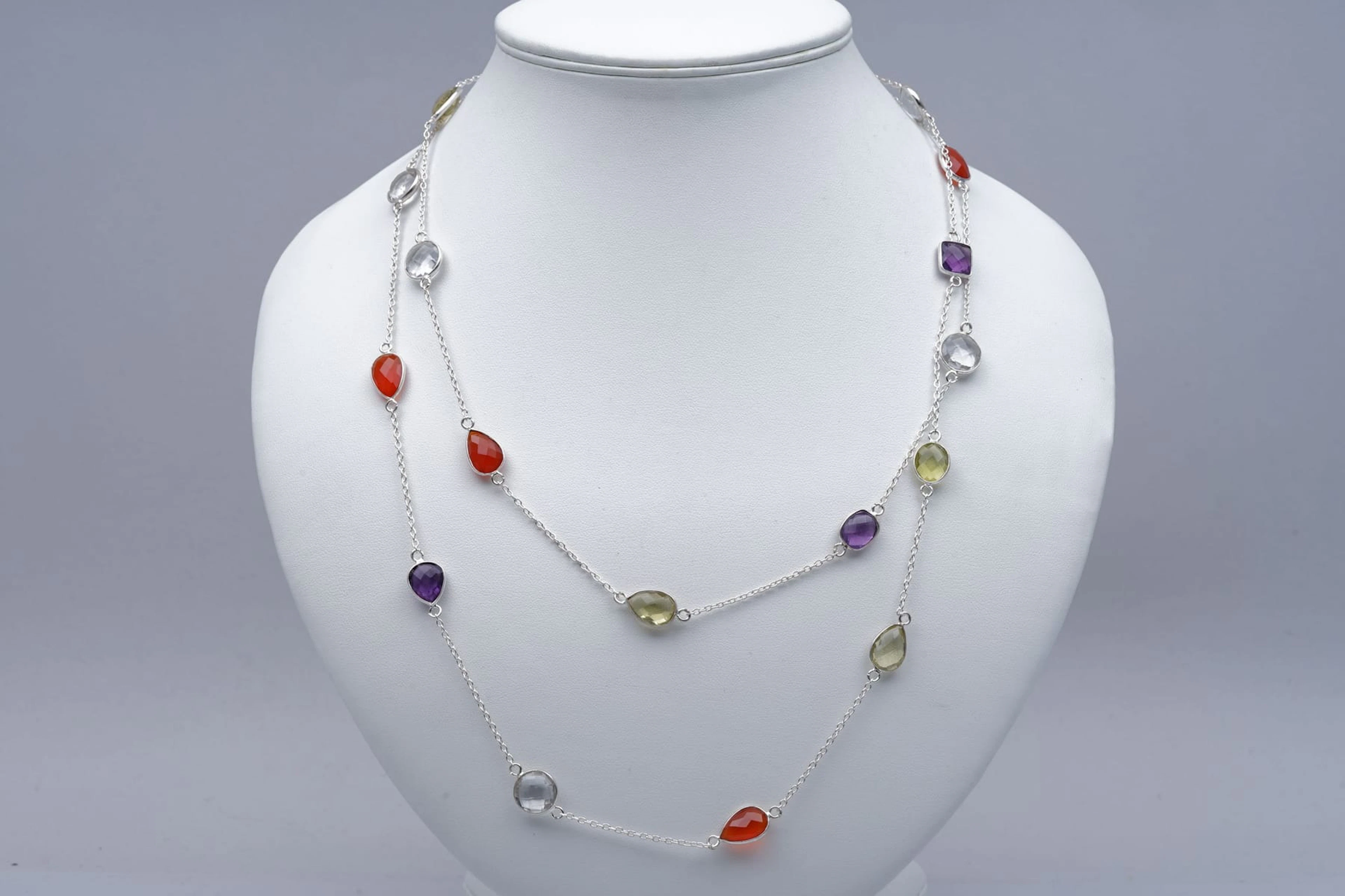 (3327) NECKLACE SILVER 925 / 1000 AMETHYSTES CITRINES AGATE white TOPAZES