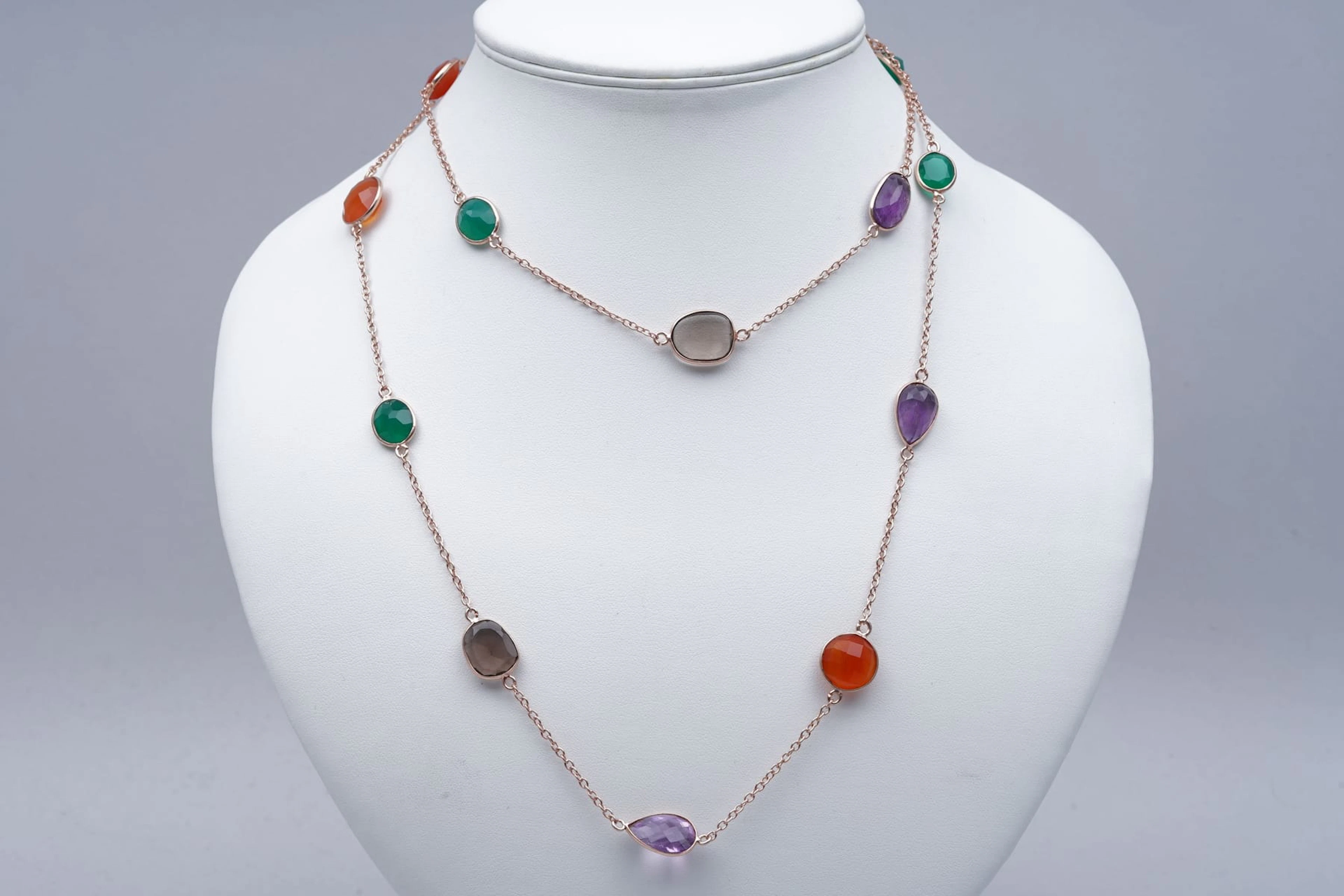 (3315) NECKLACE pink SILVER 925 / 1000 AMETHYSTES CHRYSOPRASES CITRINES