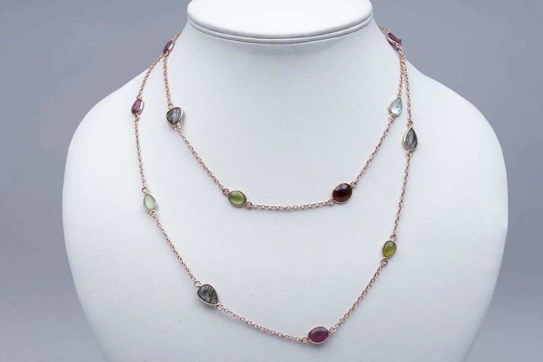 (3320) NECKLACE pink SILVER 925 / 1000 AMETHYSTES PERIDOTS blue TOPAZES