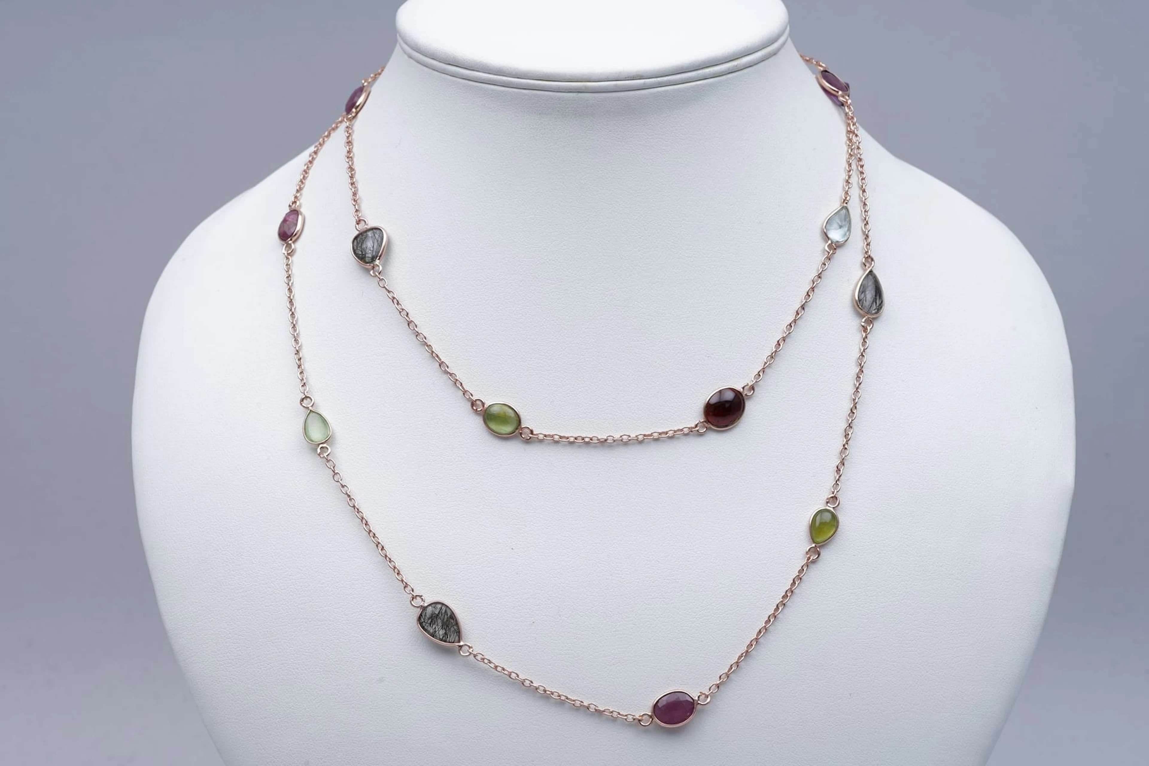 (3320) NECKLACE pink SILVER 925 / 1000 AMETHYSTES PERIDOTS blue TOPAZES