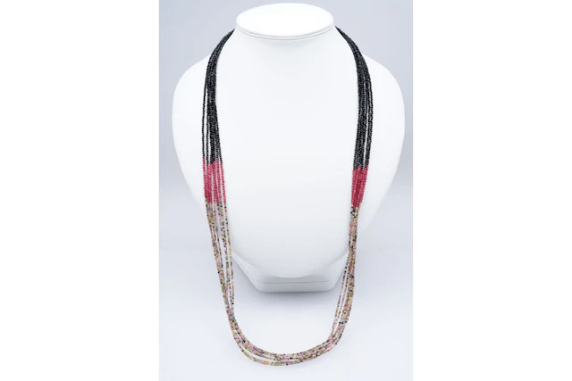 (3330) NECKLACE 7 rows black SPINELS RUBIES TOURMALINES CLASP yellow