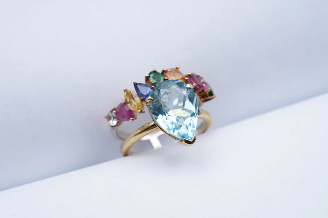 (3007) RING Yellow SILVER 925 / 1000 blue TOPAZE pear semi PRECIOUS STONES