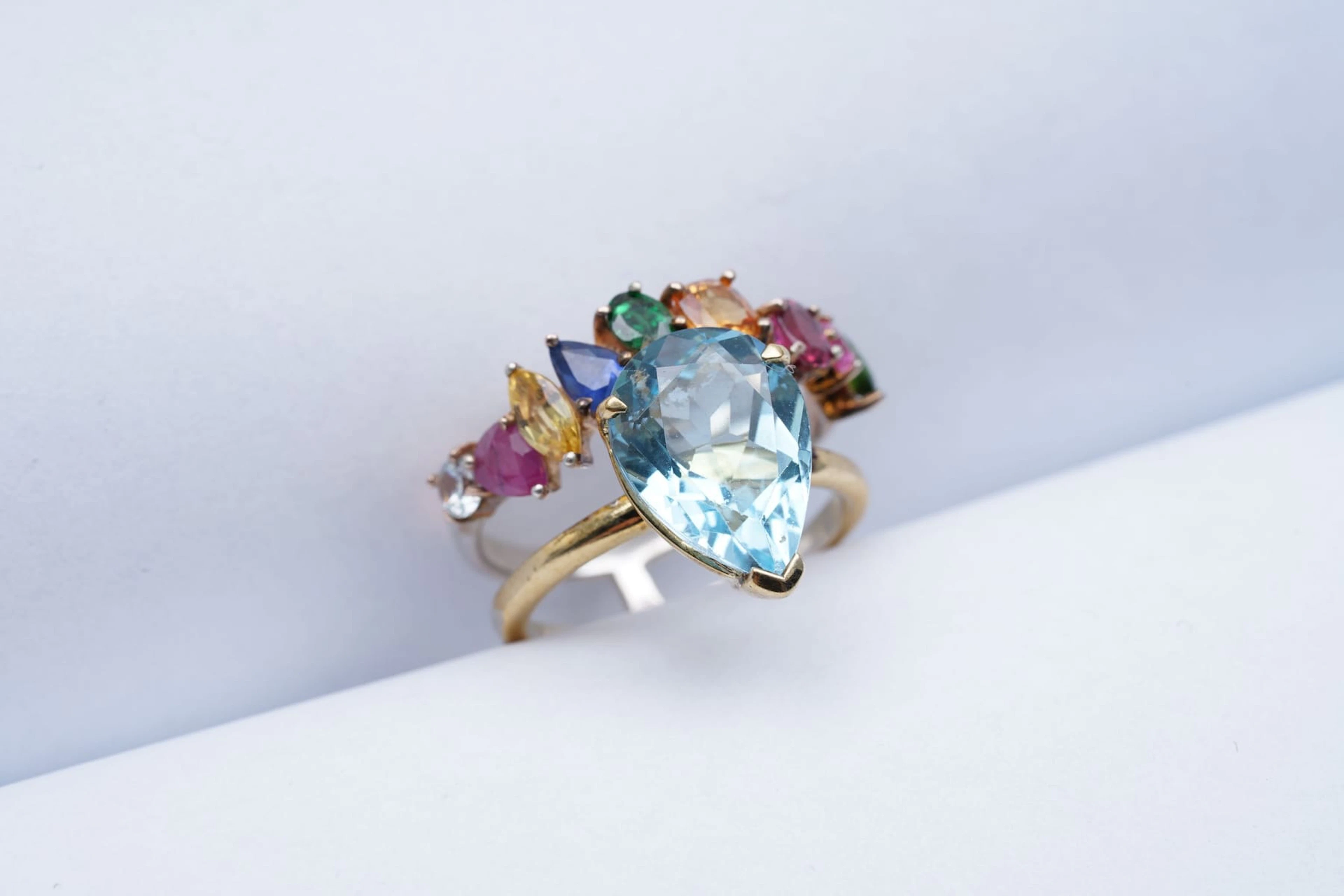 (3007) RING Yellow SILVER 925 / 1000 blue TOPAZE pear semi PRECIOUS STONES