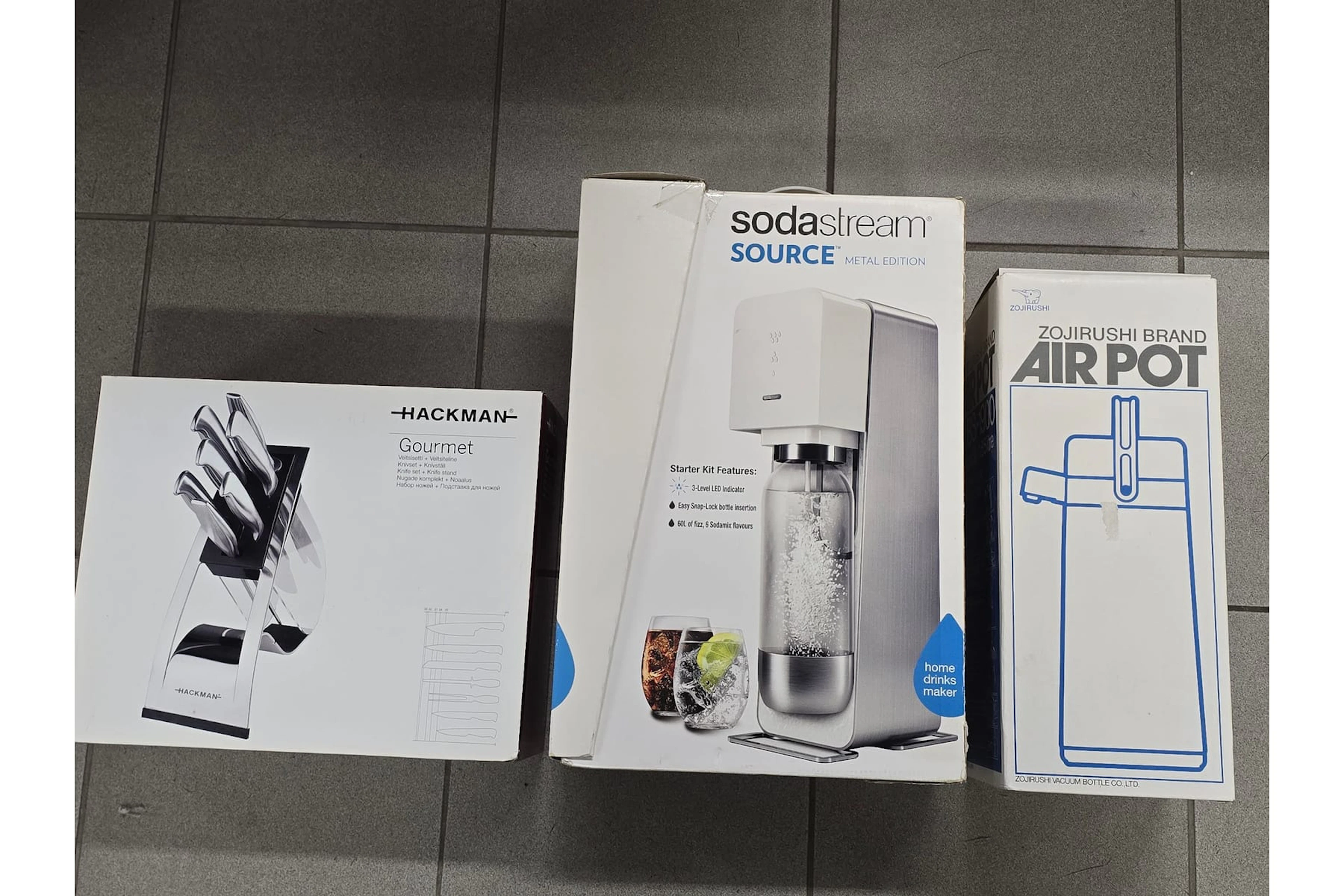 HACKMAN veitsisetti, Sodastream, AIRAM termospullo