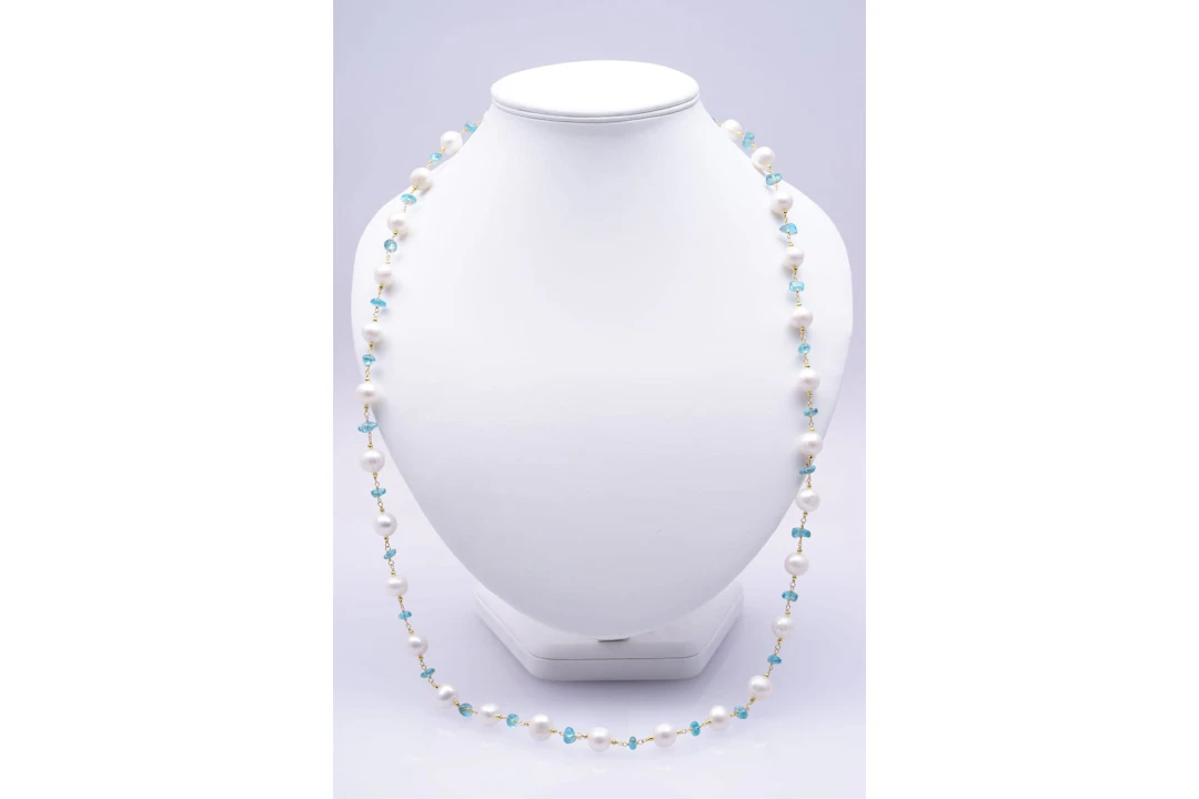 NECLACE yellow SILVER 925/1000 PEARLS baroque (10 to 11 mm) blue TOPAZES (2887)