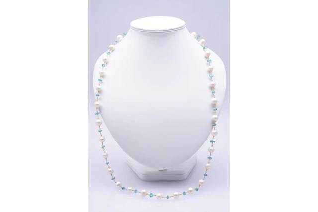 NECLACE yellow SILVER 925/1000 PEARLS baroque (10 to 11 mm) blue TOPAZES (2887)