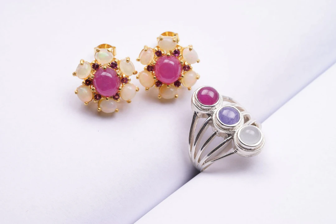 (2987) RING SILVER 925/1000 SAPPHIRE RUBY MOON STONE+EARRINGS yellow