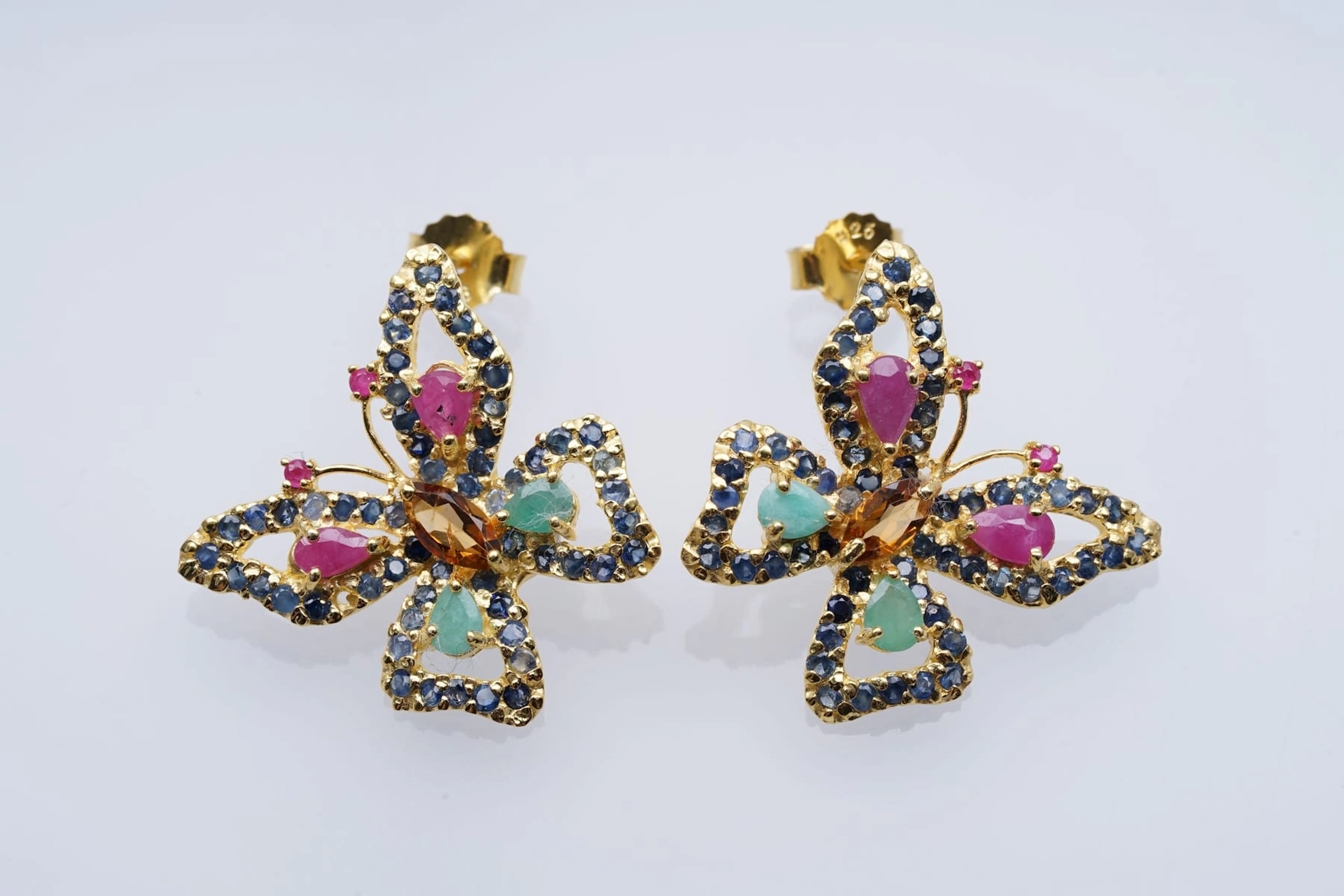 (3491) EARRINGS yellow SILVER 925 / 1000 " butterfly " SAPPHIRES EMERALDS