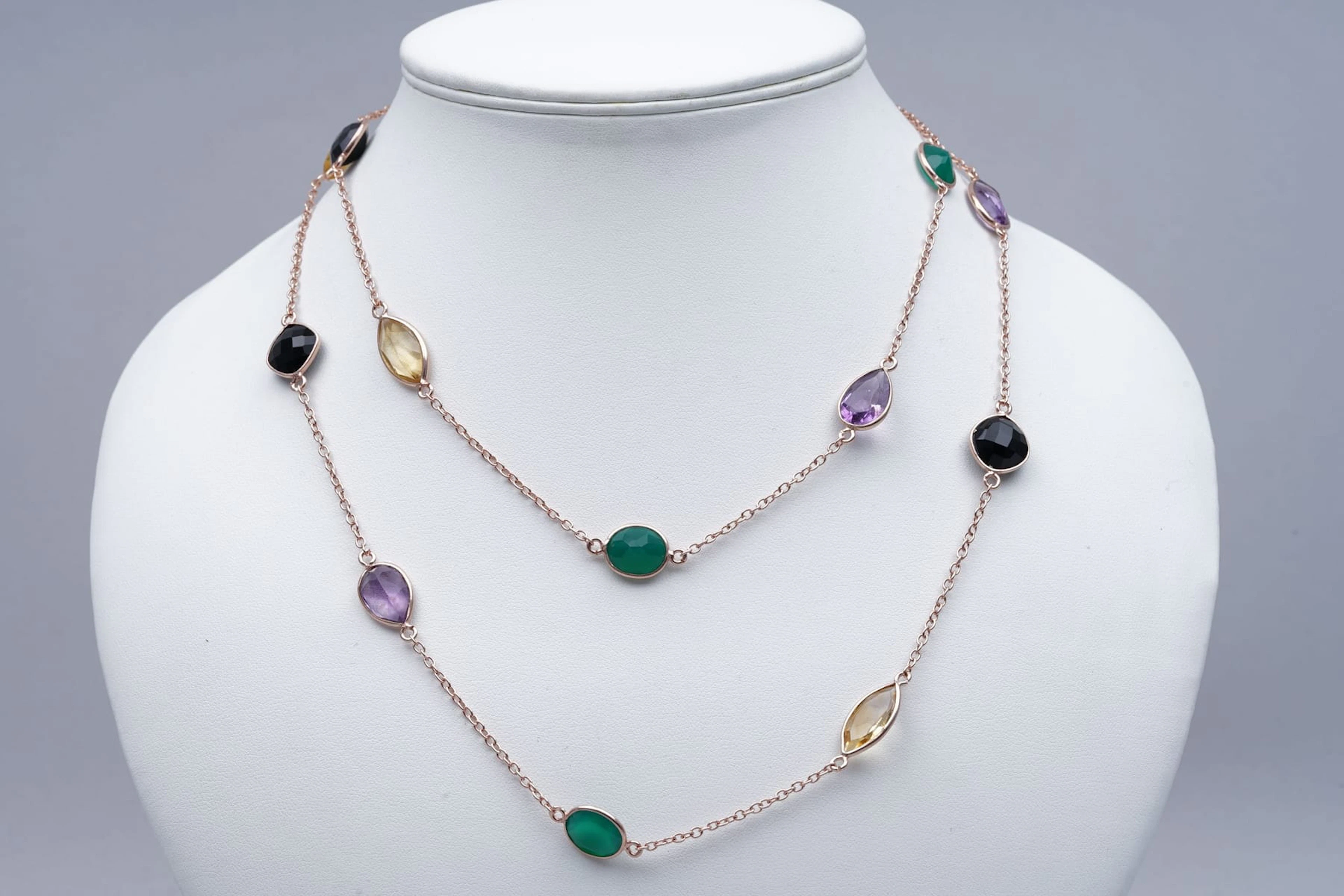 (3314) NECKLACE pink SILVER 925 / 1000 AMETHYSTES CHRYSOPRASES CITRINES ONYX