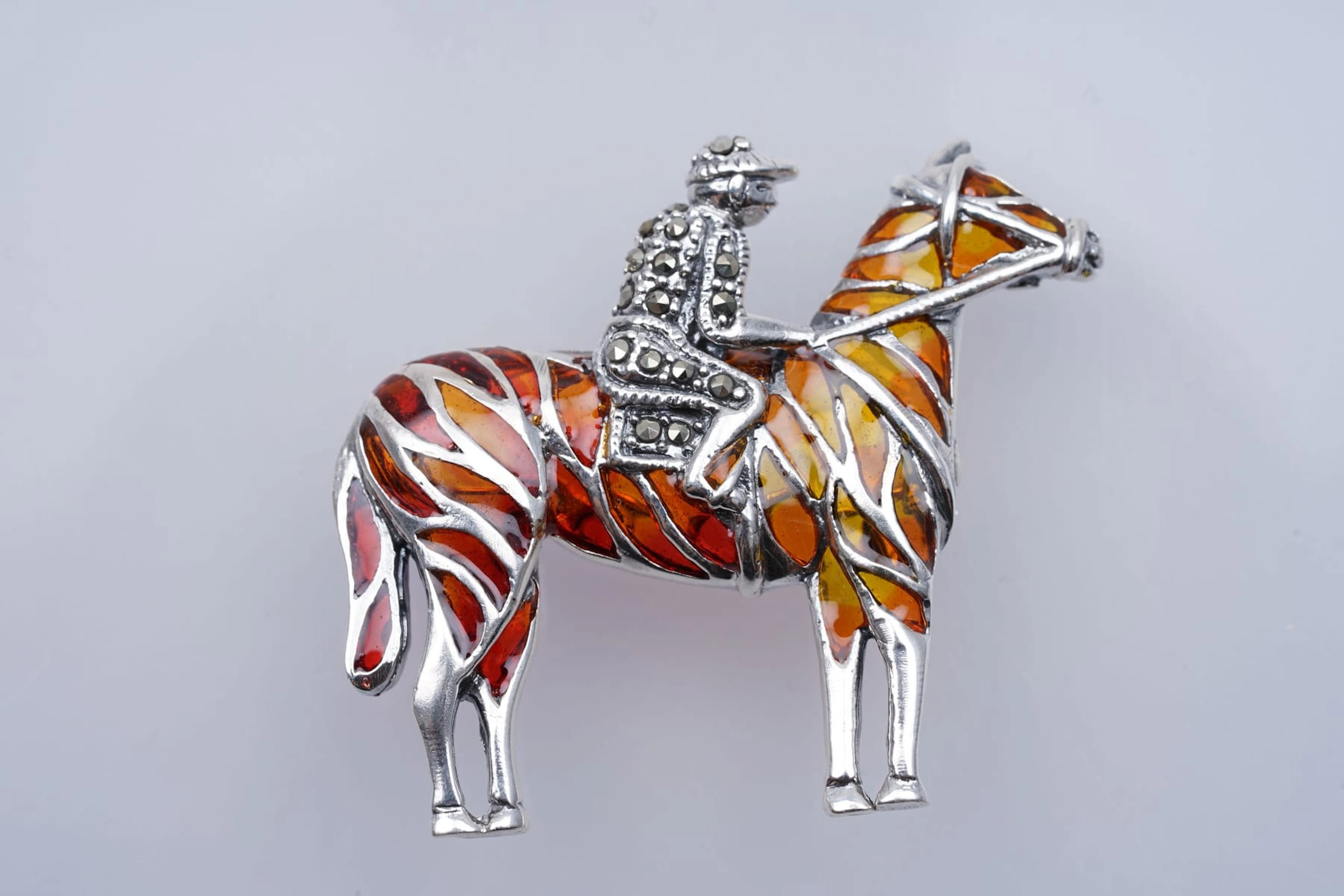 (3457) BROCH SILVER 925 / 1000 " horse rider " ENAMEL MARCASSITE