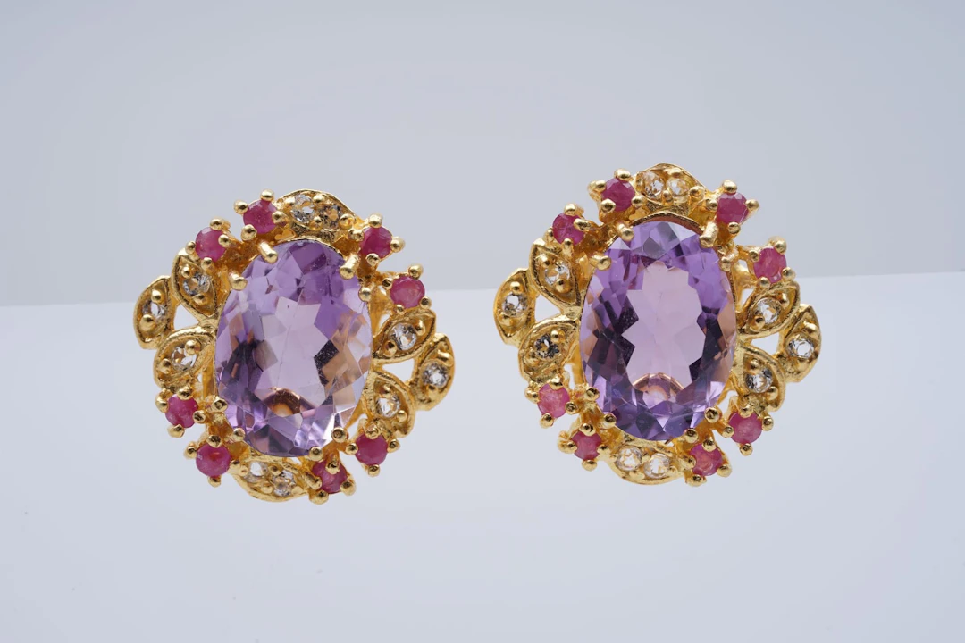 (3648) EARRINGS yellow SILVER 925 / 1000 AMETHYSTES RUBIES white TOPAZE
