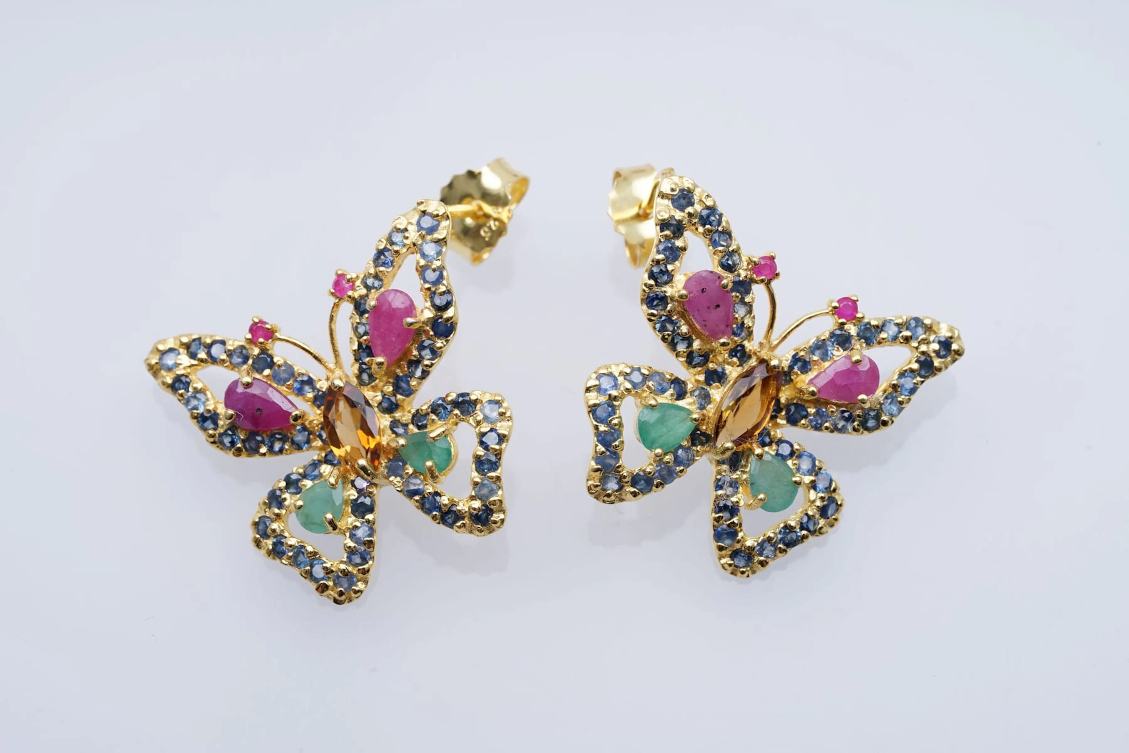 (3490) EARRINGS yellow SILVER 925 / 1000 " butterfly " SAPPHIRES EMERALDS