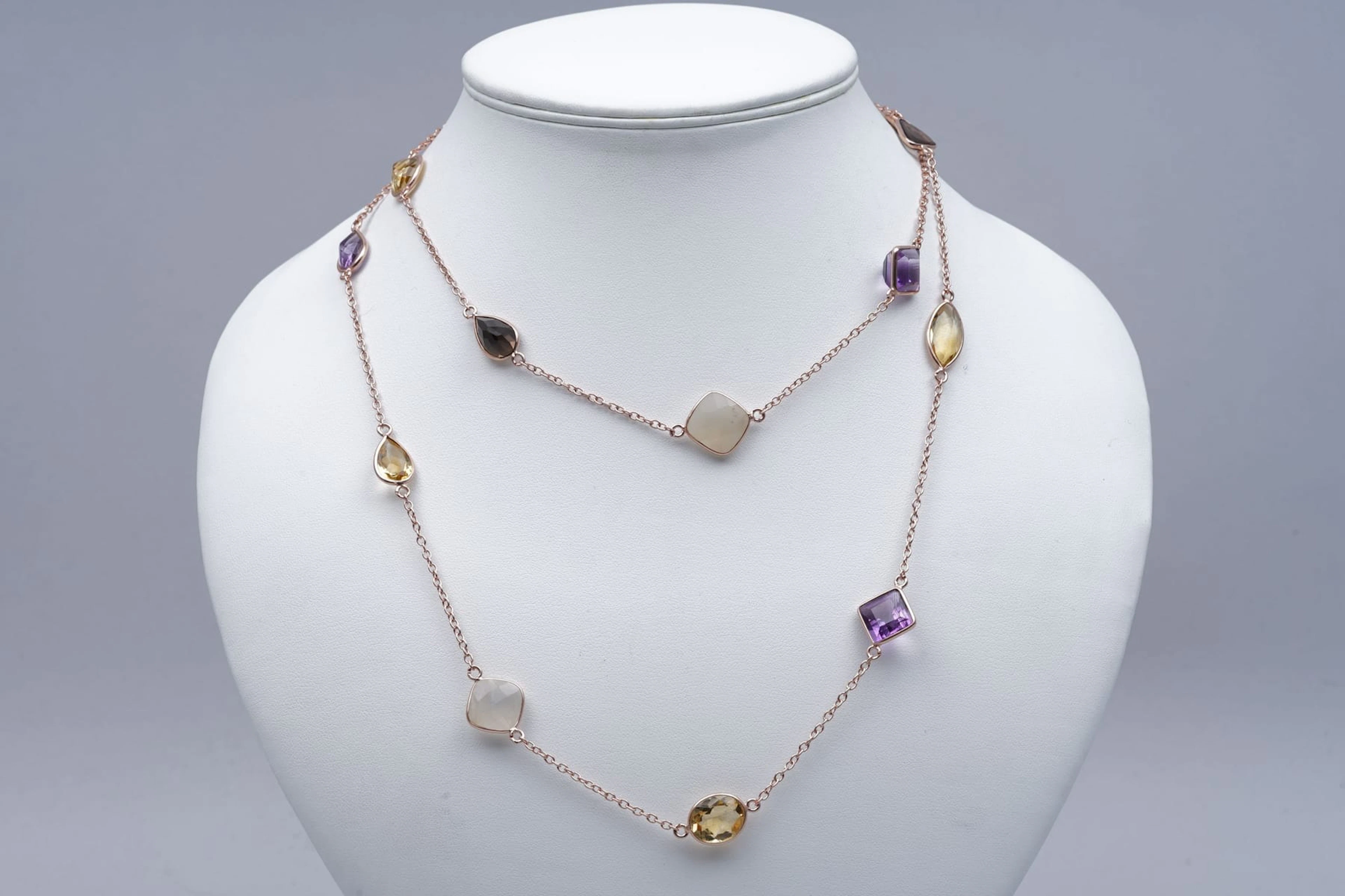 (3318) NECKLACE pink SILVER 925 / 1000 AMETHYSTES CITRINES smoky QUARTZ