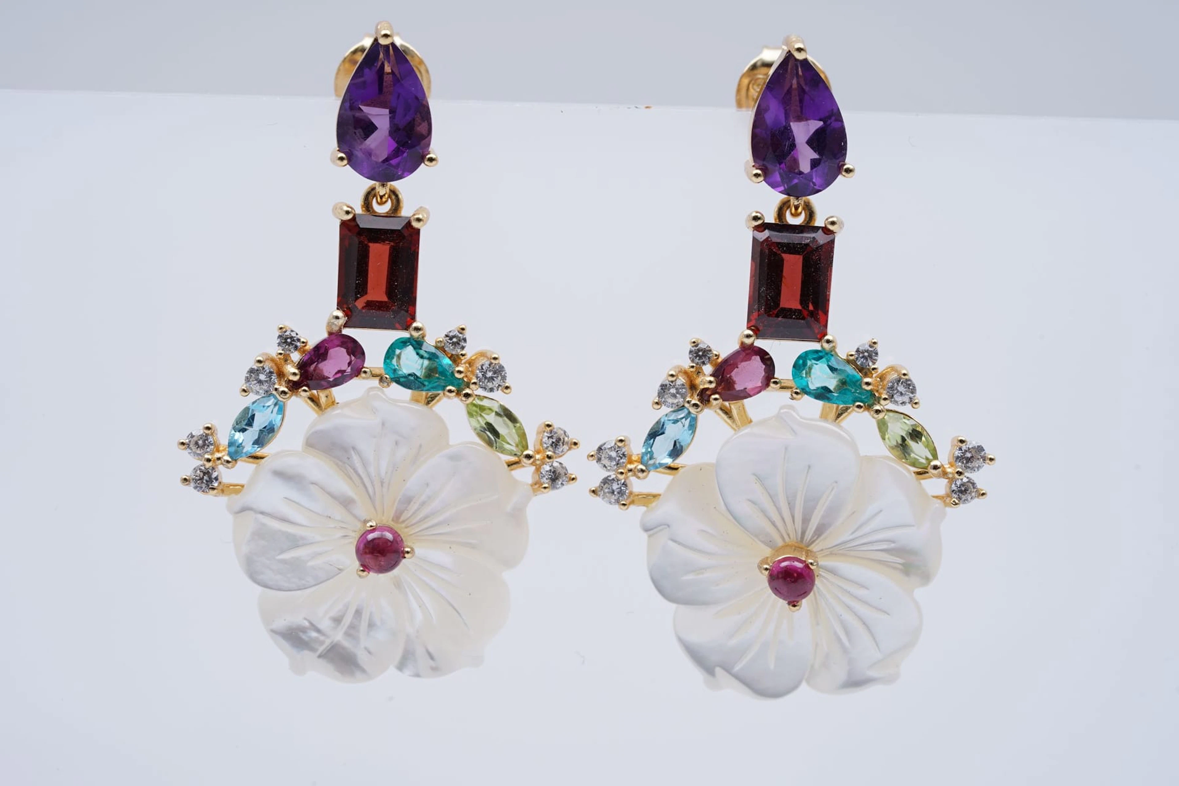 (3561) EARRINGS SILVER 925 / 1000 flower SHELL SEMI PRECIOUS STONES