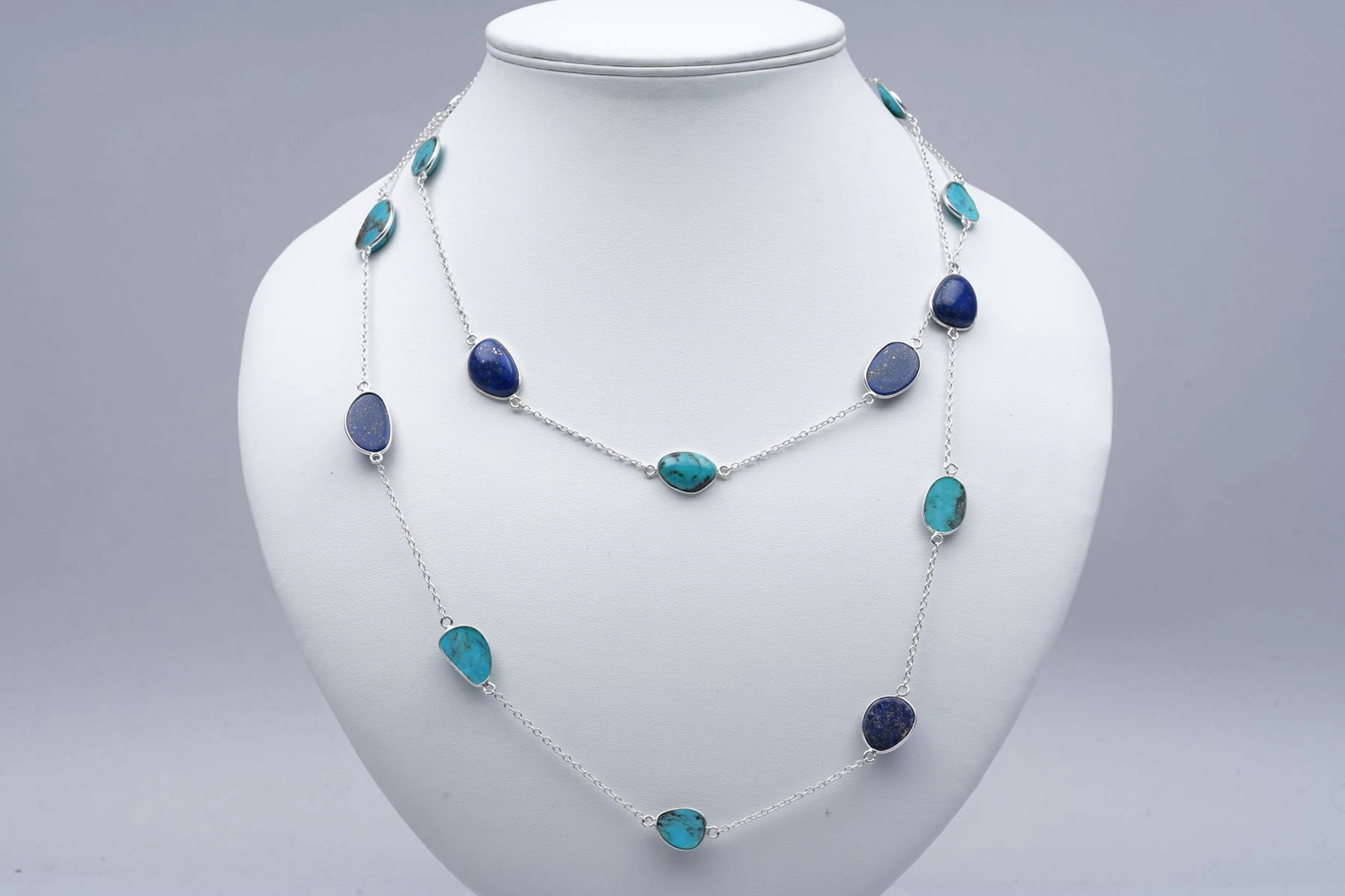 (3324) NECKLACE SILVER 925 / 1000 TURQUOISES LAPIS LAZULI SHELL