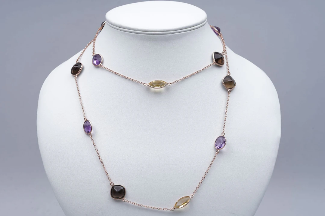 (3319) NECKLACE pink SILVER 925 / 1000 AMETHYSTES CITRINES smoky QUARTZ