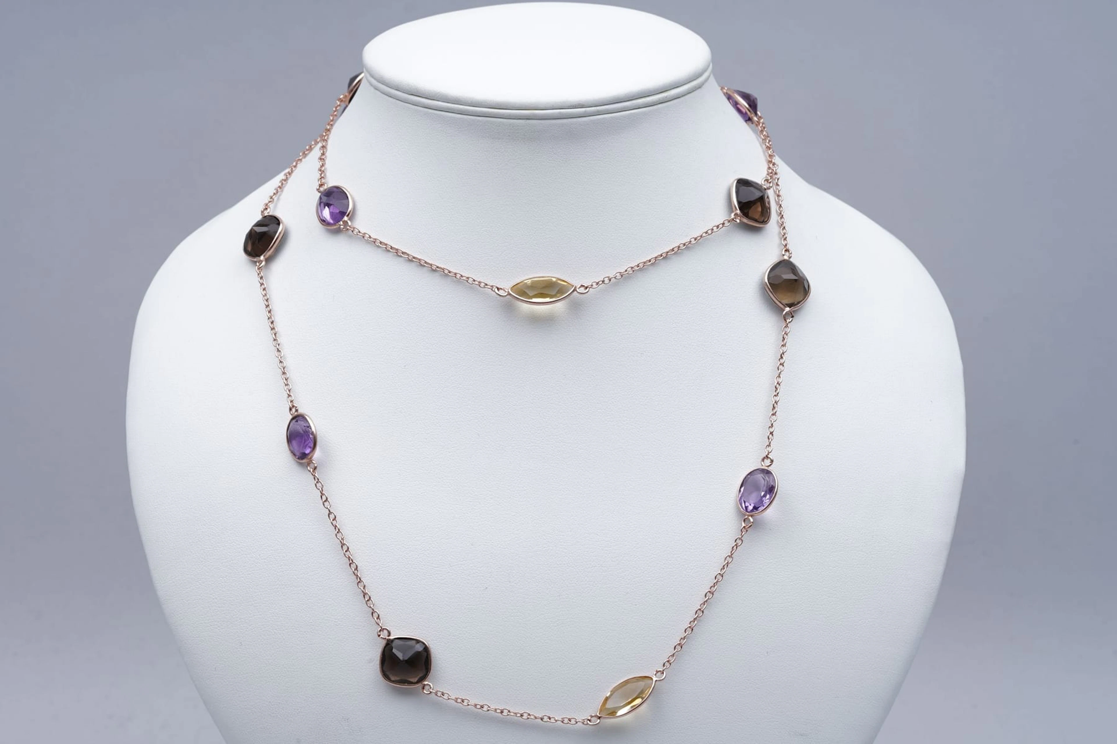 (3319) NECKLACE pink SILVER 925 / 1000 AMETHYSTES CITRINES smoky QUARTZ