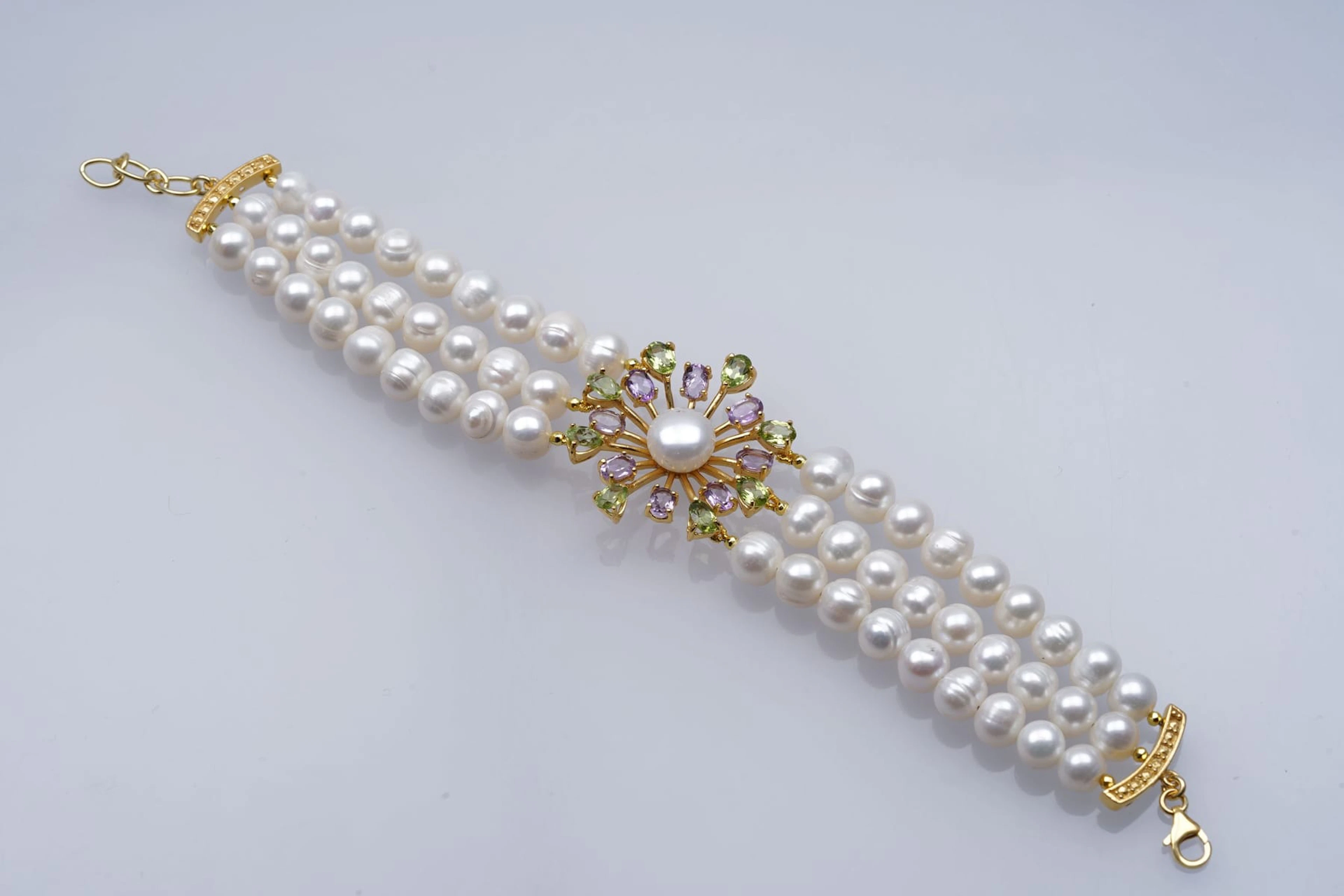 (3618) BRACELET yellow SILVER 925 / 1000 " flower" PERIDOT AMETHYSTES