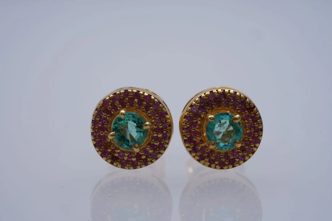 (3185) EARRINGS round yellow SILVER 925 / 1000 EMERALDS RUBIES