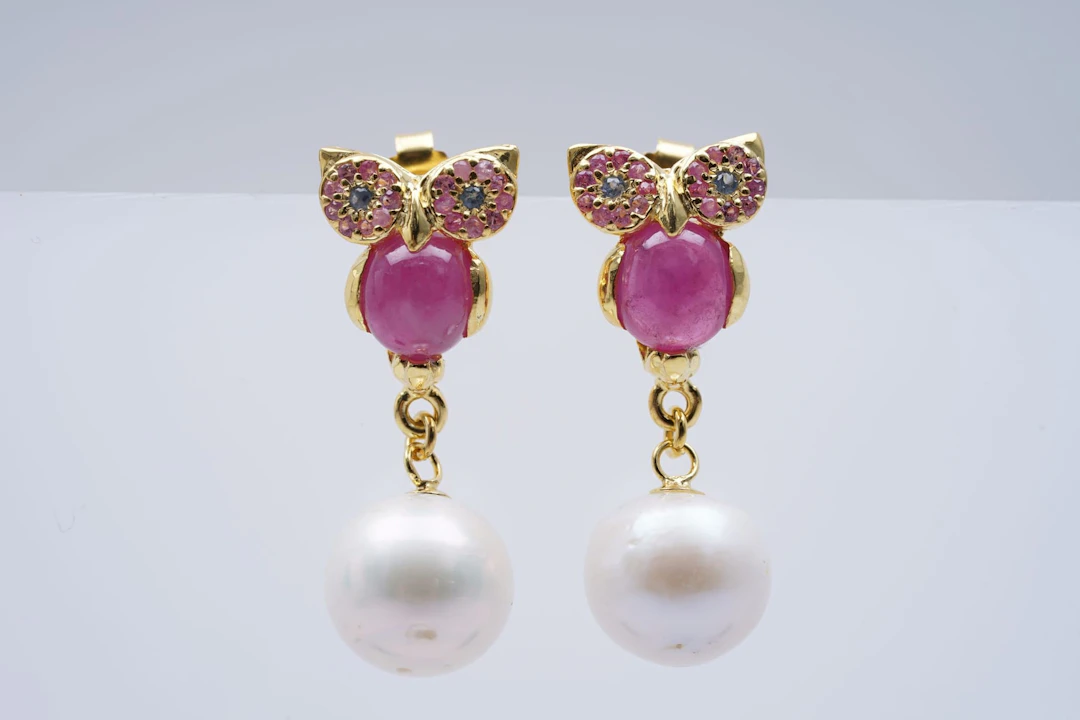 (3486) EARRINGS yellow SILVER 925 / 1000 " OWE" RUBIES SAPPHIRES PEARLS