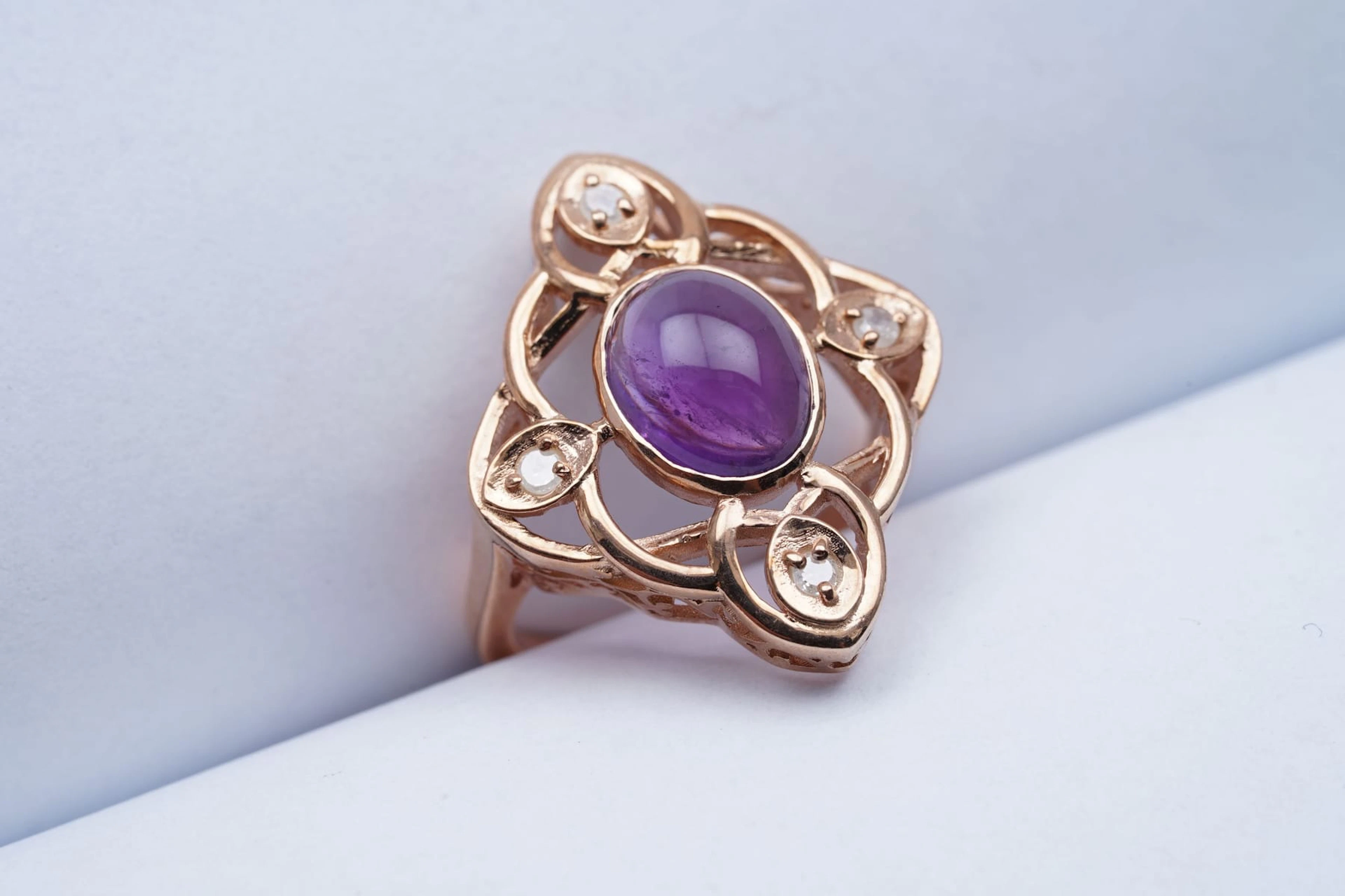 (3089) RING pink SILVER 925 / 1000 AMETHYSTE cabochon DIAMONDS