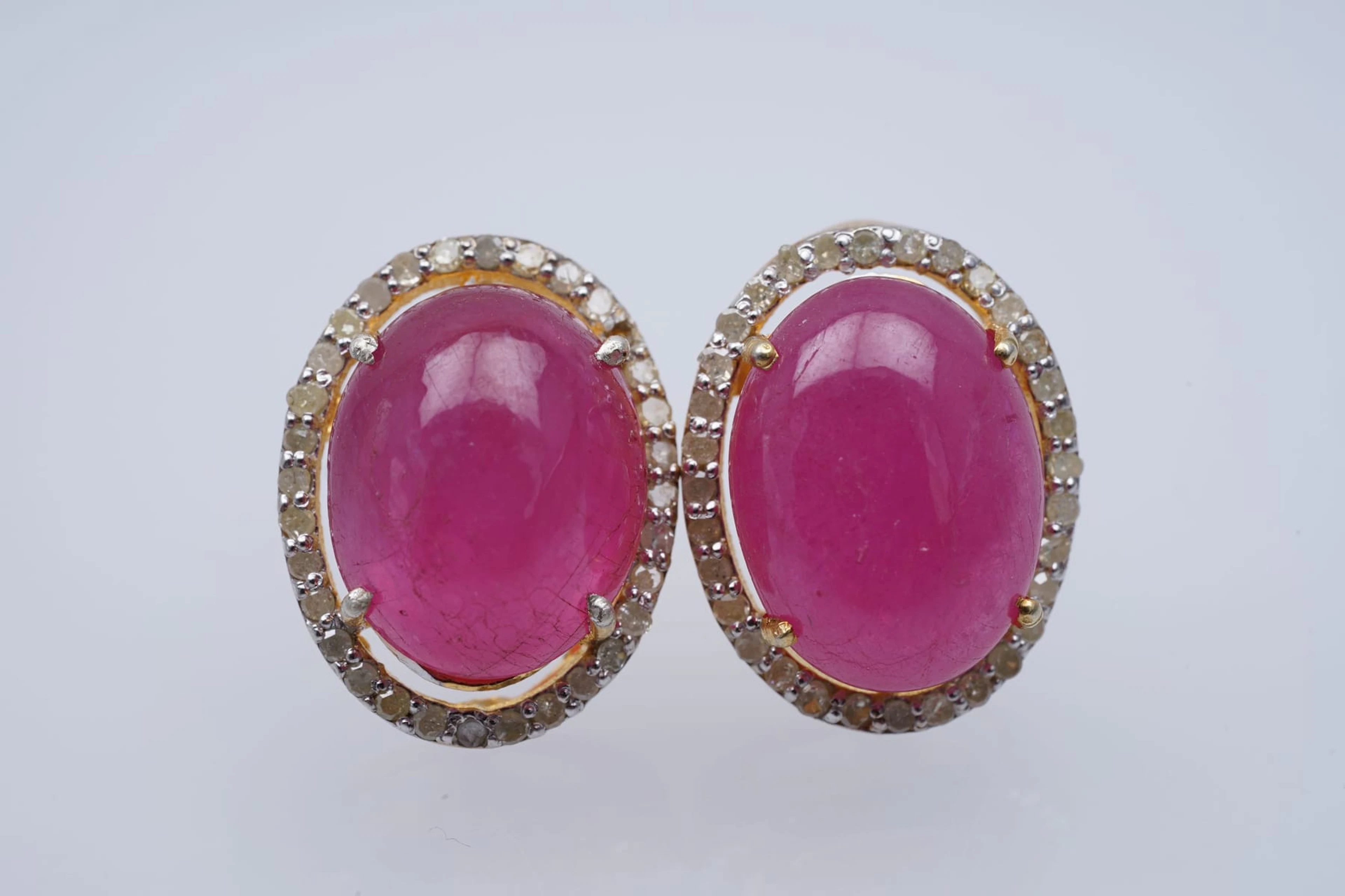 (3283) EARRINGS yellow SILVER 925 / 1000 treated RUBIES DIAMONDS