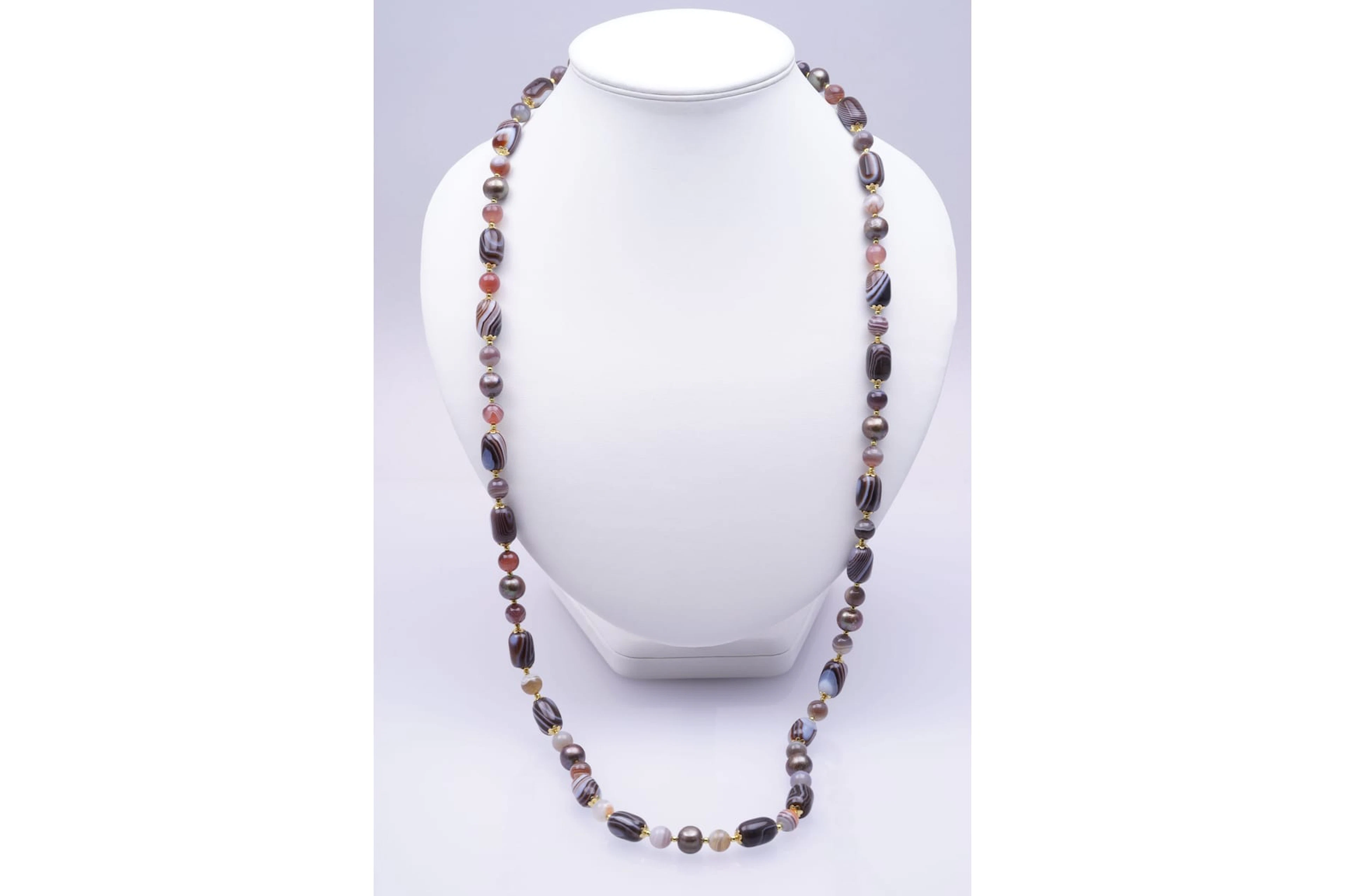 NECLACE yellow SILVER 925/1000 grey PEARLS baroque AGATE OBSIDIENNE (2885)