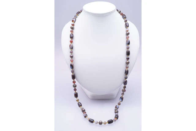 NECLACE yellow SILVER 925/1000 grey PEARLS baroque AGATE OBSIDIENNE (2885)