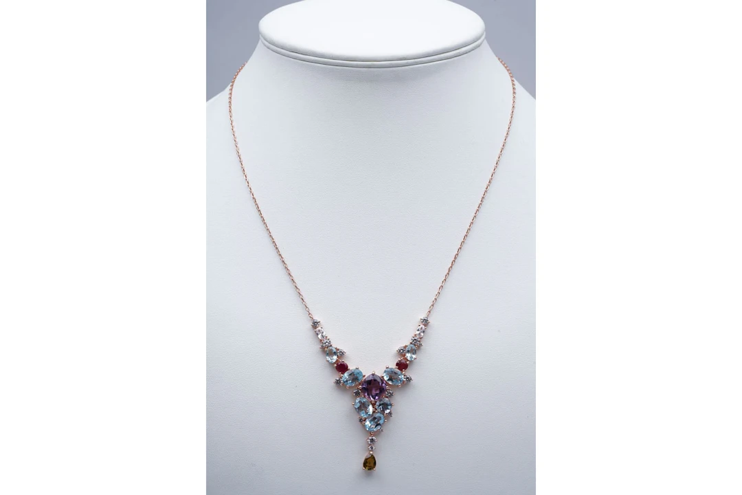 (3472) NECKLACE pink SILVER 925 / 1000 blue TOPAZES AMETHYSTES RUBIES