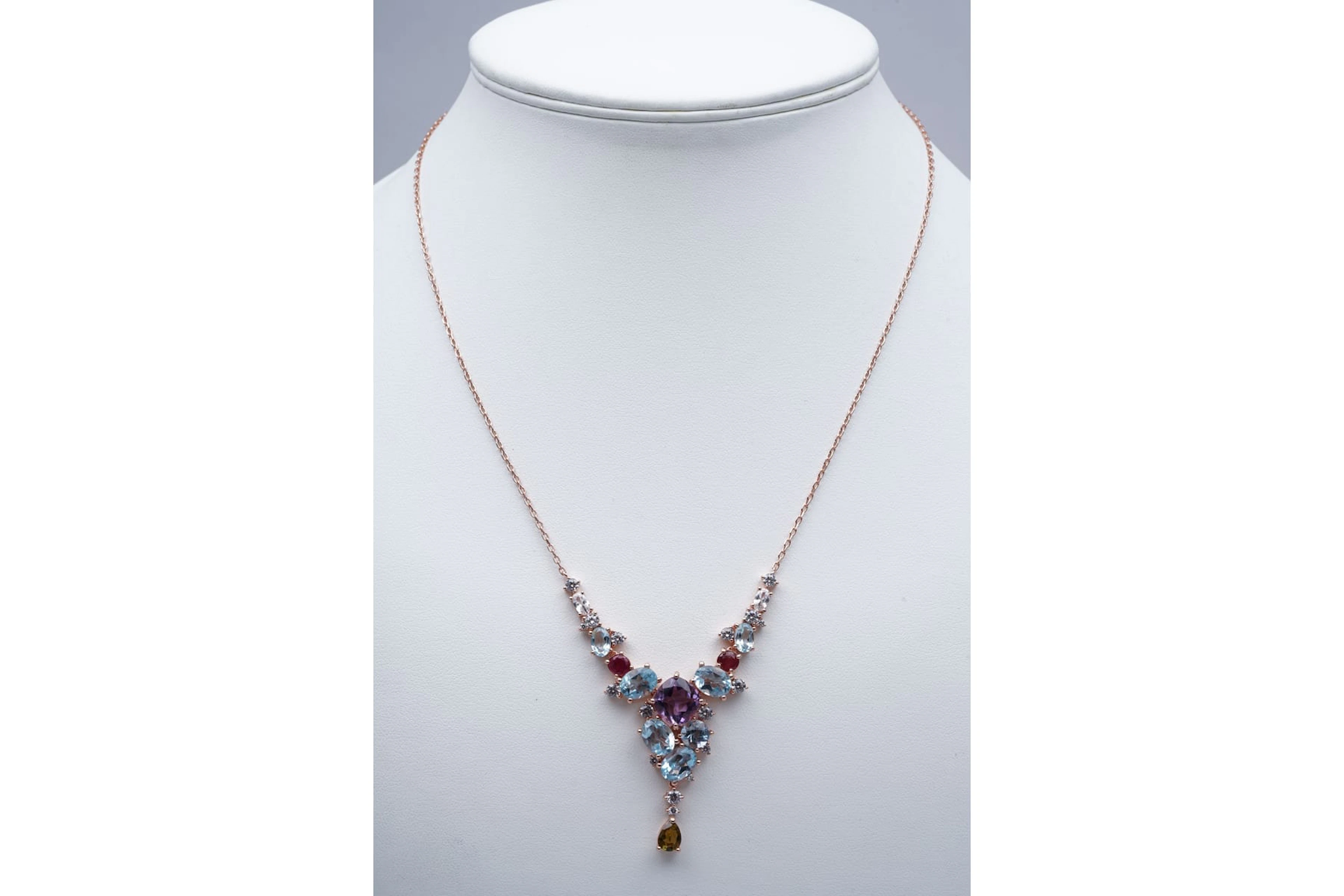 (3472) NECKLACE pink SILVER 925 / 1000 blue TOPAZES AMETHYSTES RUBIES