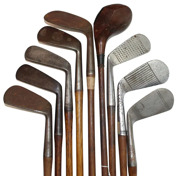 Rustless Iron Nine (9) Wood Shaft Clubs 1 Wood, 2 Jiggers, Niblic, Rustless Iron ...