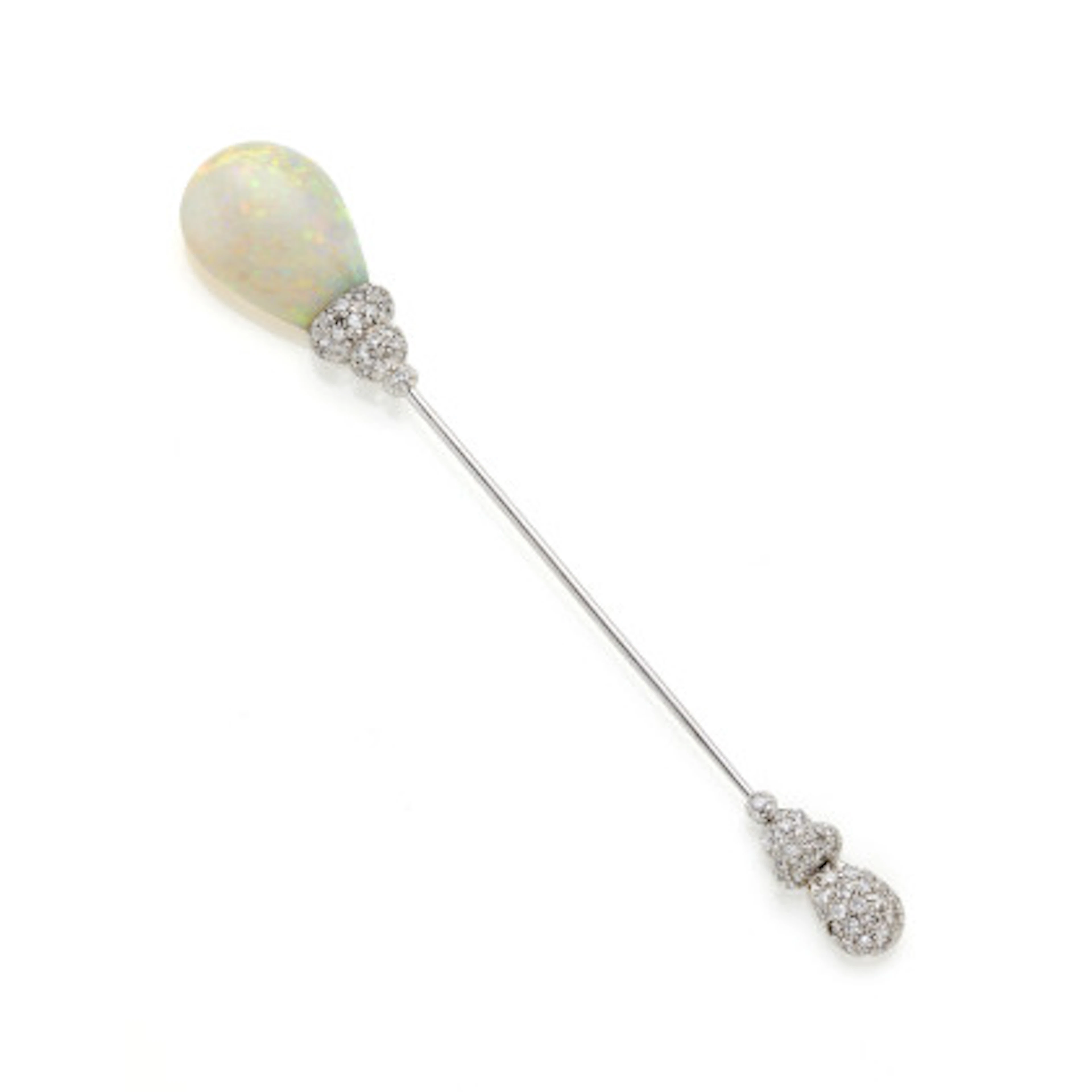 *NARDI Spillone in oro bianco con opale nobile bianco a goccia e diamanti
