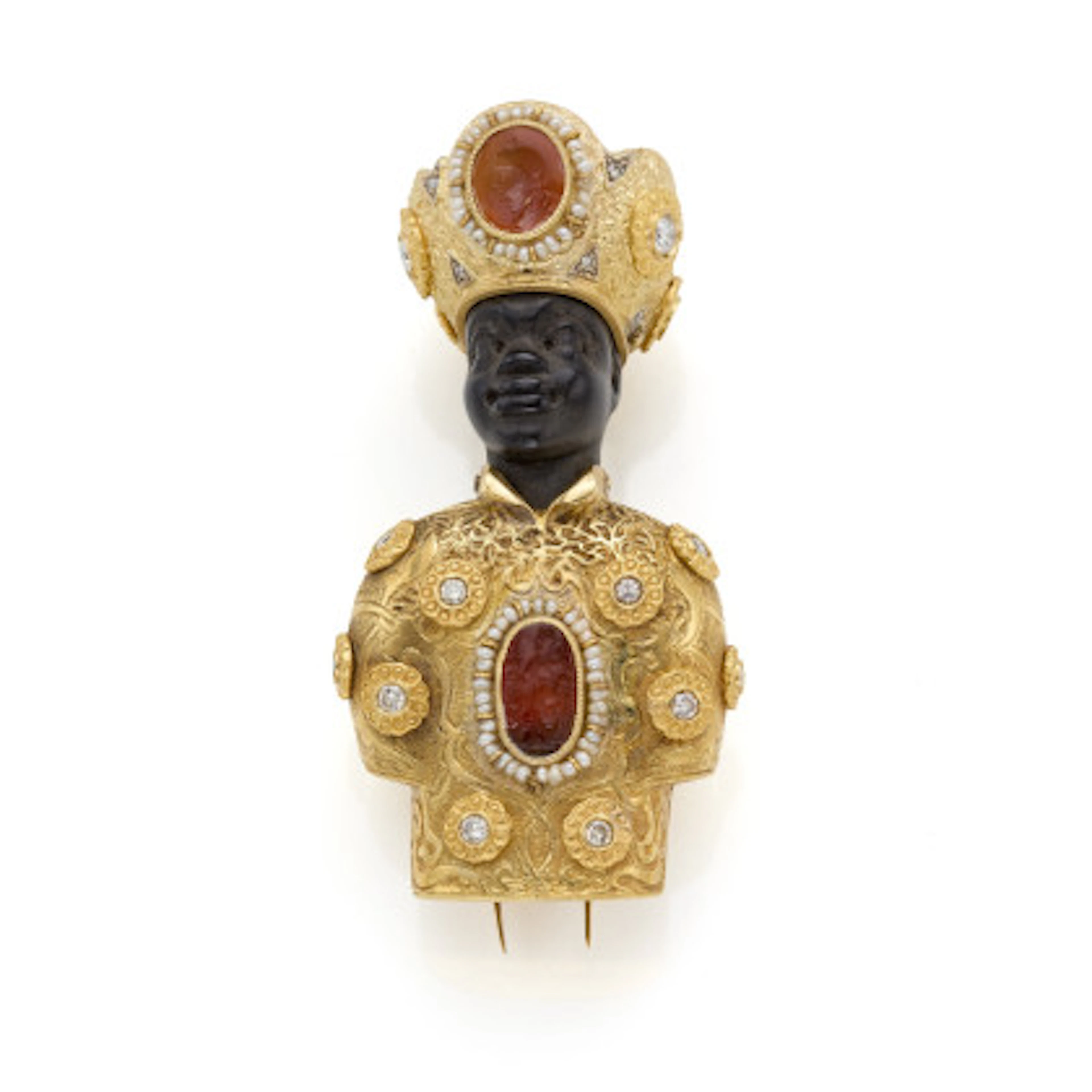 *CODOGNATO Broche a moretto in oro giallo cesellato, diamanti per