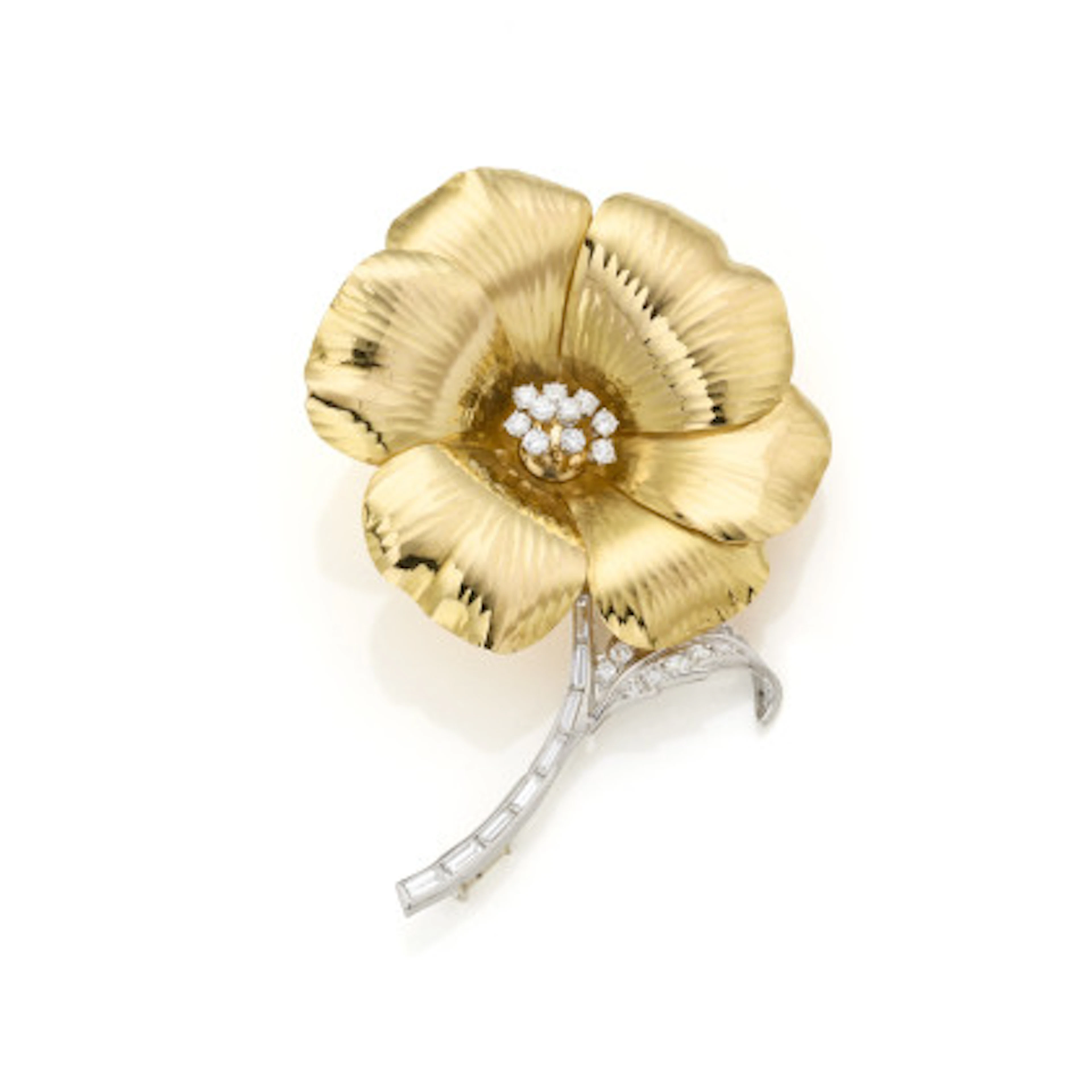 *SCHILLING Spilla a fiore in oro giallo e diamanti tondi e baguette