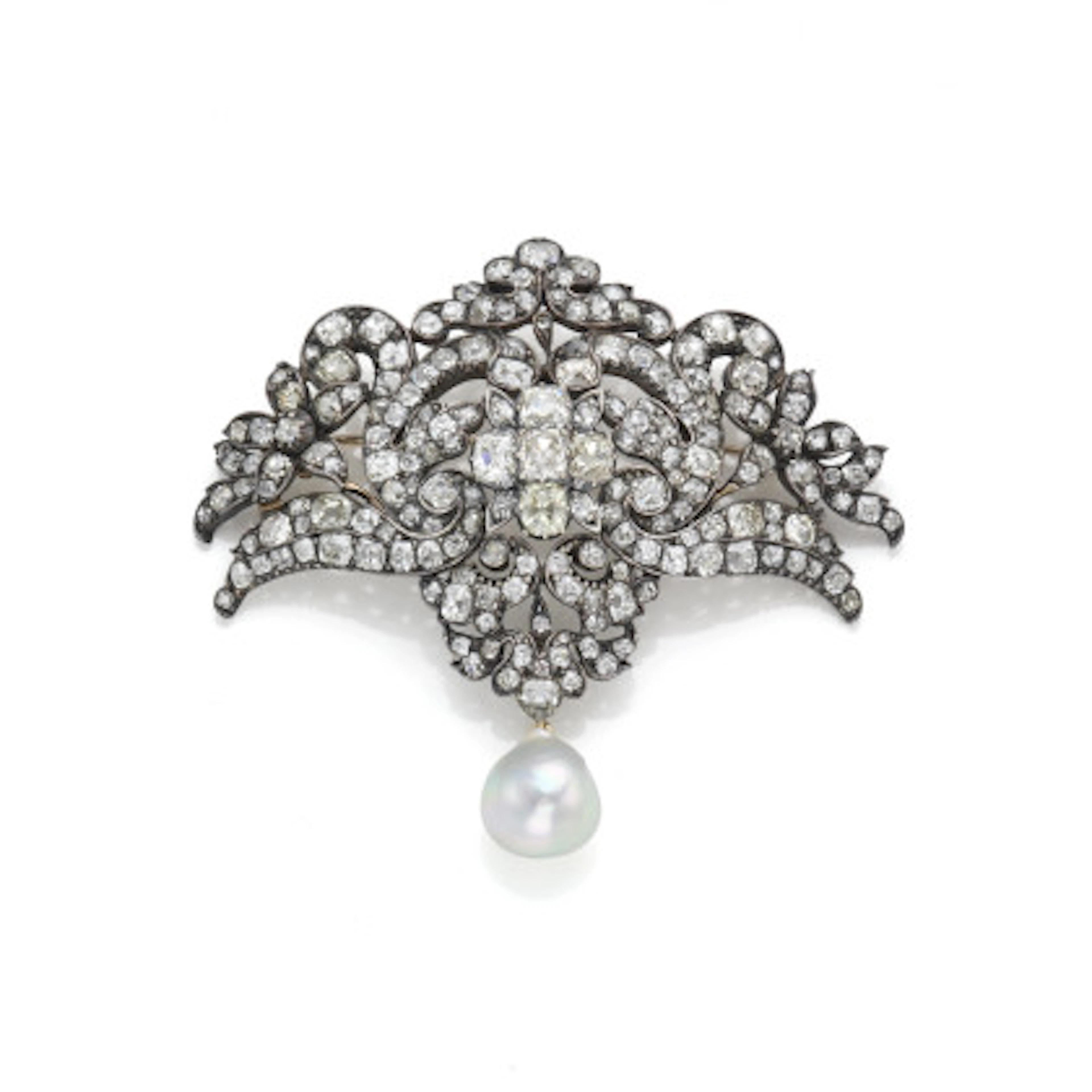 Spilla in argento e oro rosso 375/1000 con diamanti di vecchio taglio