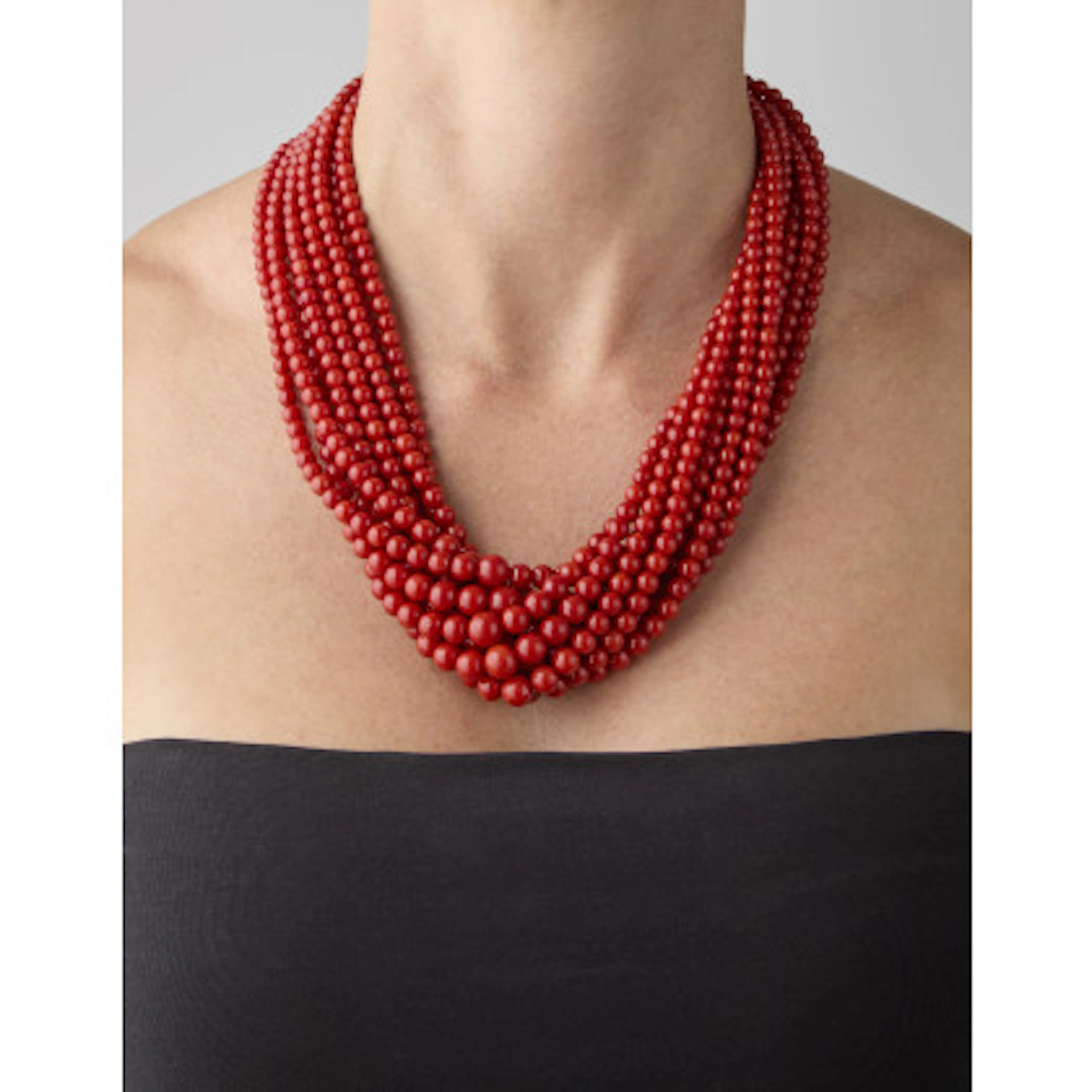 *NARDI Collana multifili di boule di corallo rosso a scalare da mm