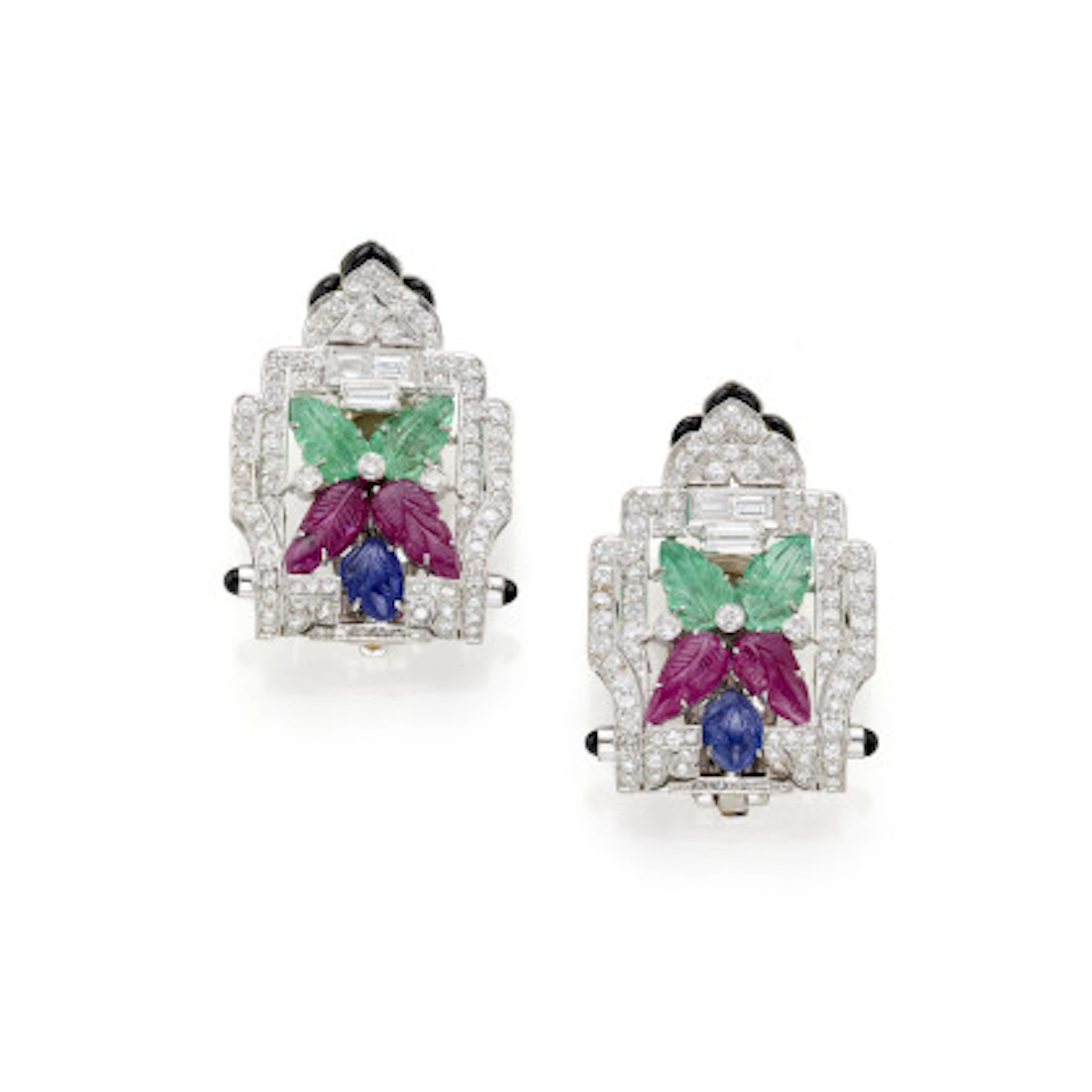 * Orecchini a lobo in platino e oro bianco con diamanti tondi e baguette