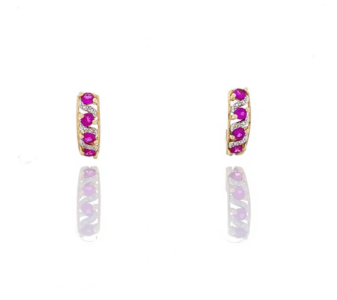 10K YELLOW GOLD RUBY & DIAMOND J HOOP EARRINGS