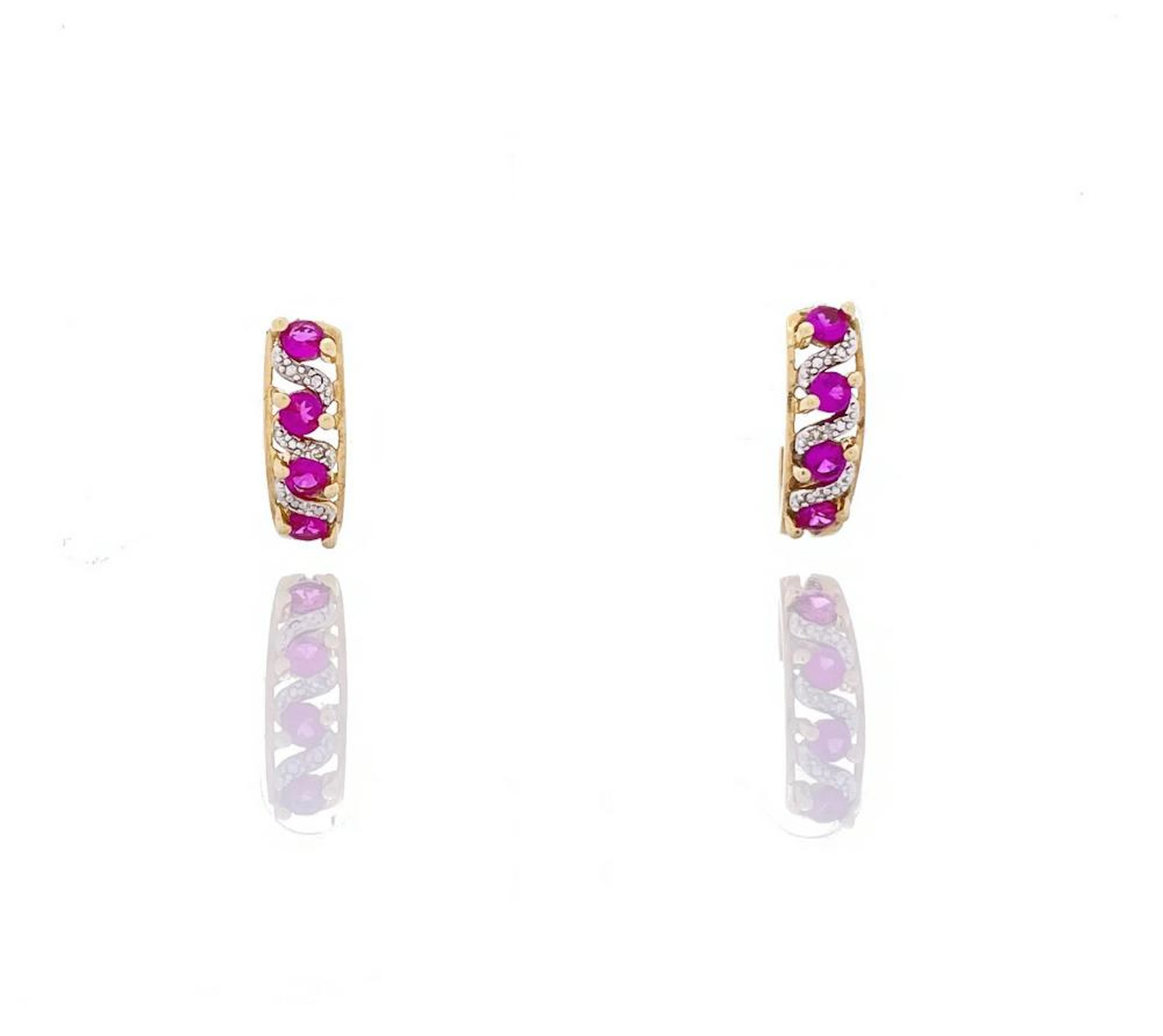 10K YELLOW GOLD RUBY & DIAMOND J HOOP EARRINGS