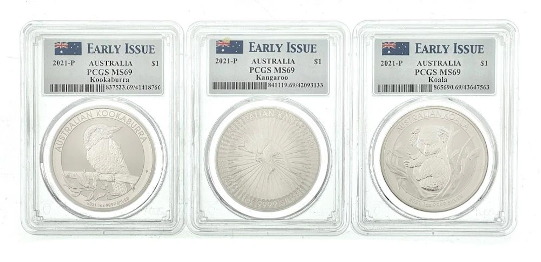 LOT OF 3 AUSTRALIA 2021-P 1OZ .9999 SILVER DOLLARS EARLY ISSUE PCGS MS69