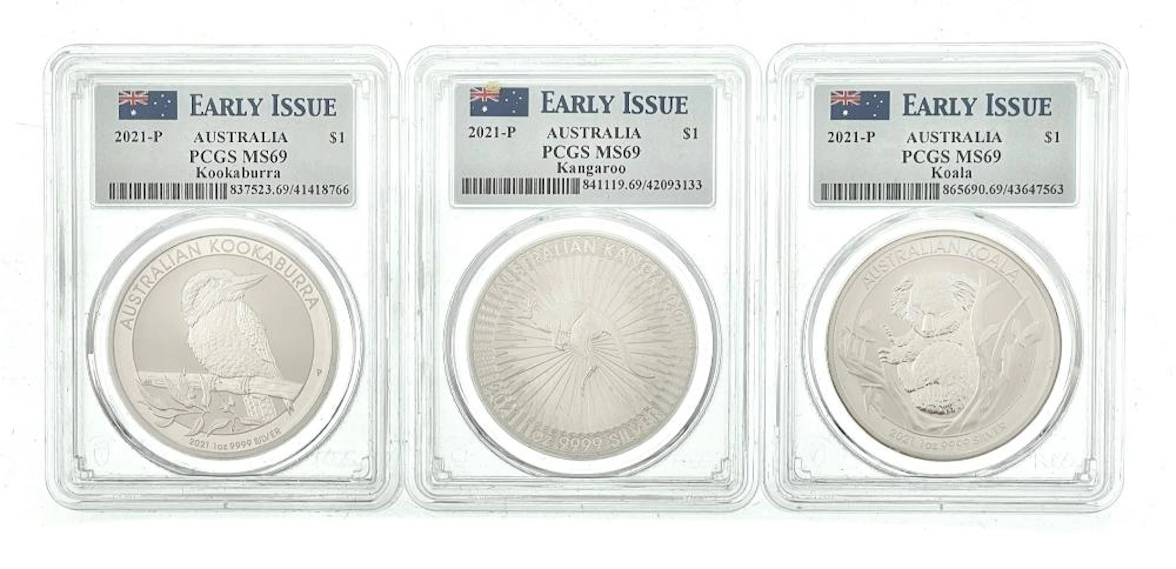 LOT OF 3 AUSTRALIA 2021-P 1OZ .9999 SILVER DOLLARS EARLY ISSUE PCGS MS69