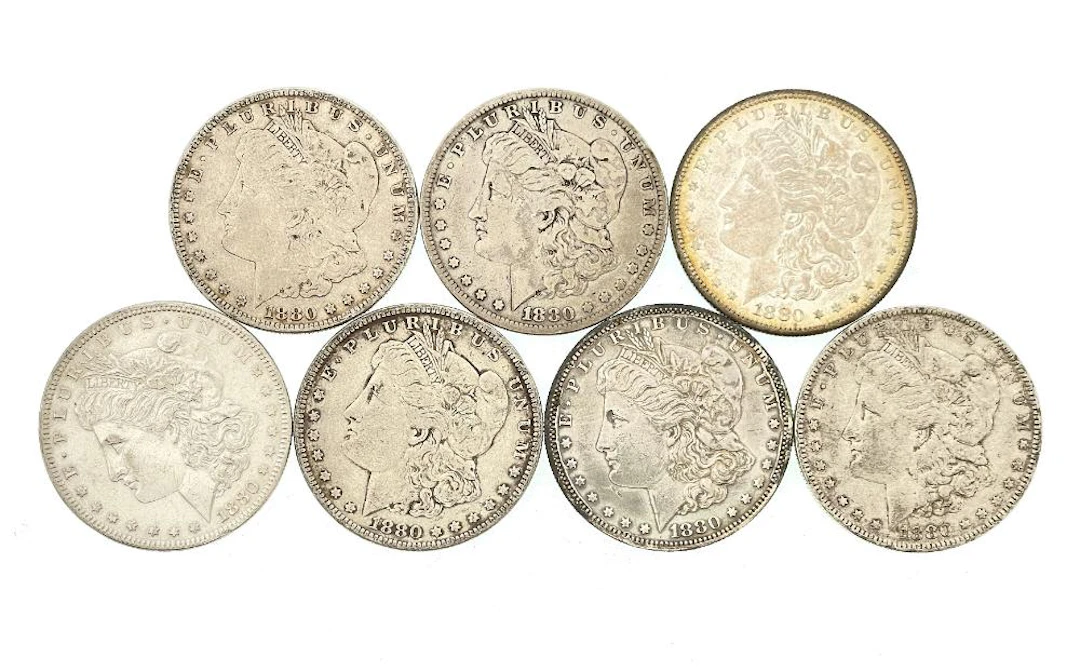 LOT OF 7 ASSORTED 1880 MORGAN SILVER DOLLARS