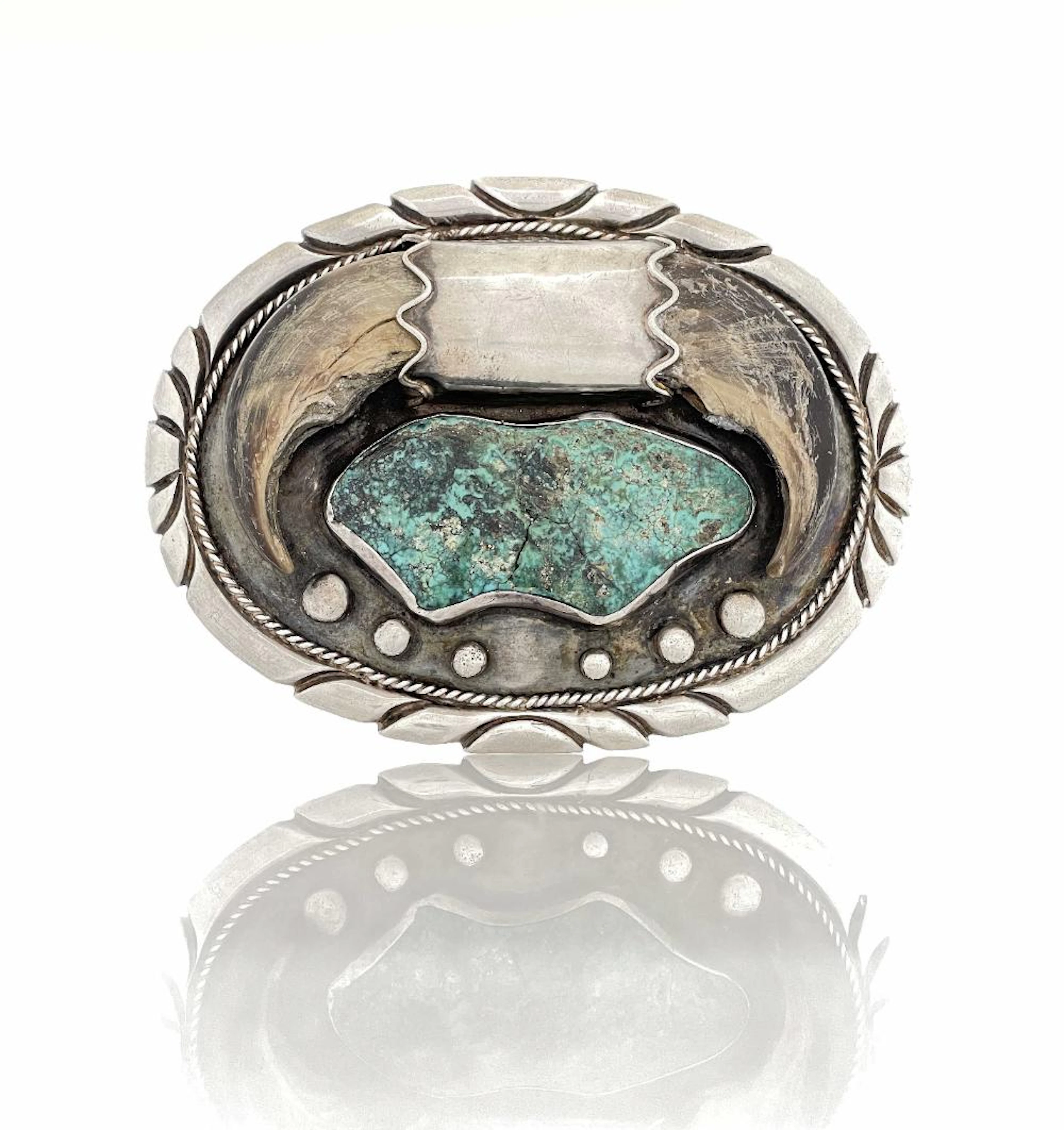 CHARLES SUPPLEE HOPI STERLING SILVER TURQUOISE & BEAR CLAW BELT BUCKLE