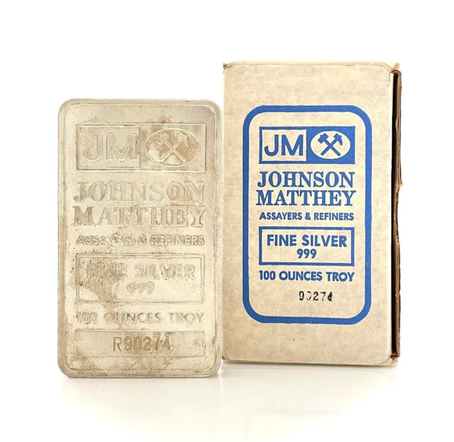 VINTAGE JOHNSON MATTHEY 100 TROY OZ .999+ FINE SILVER BAR