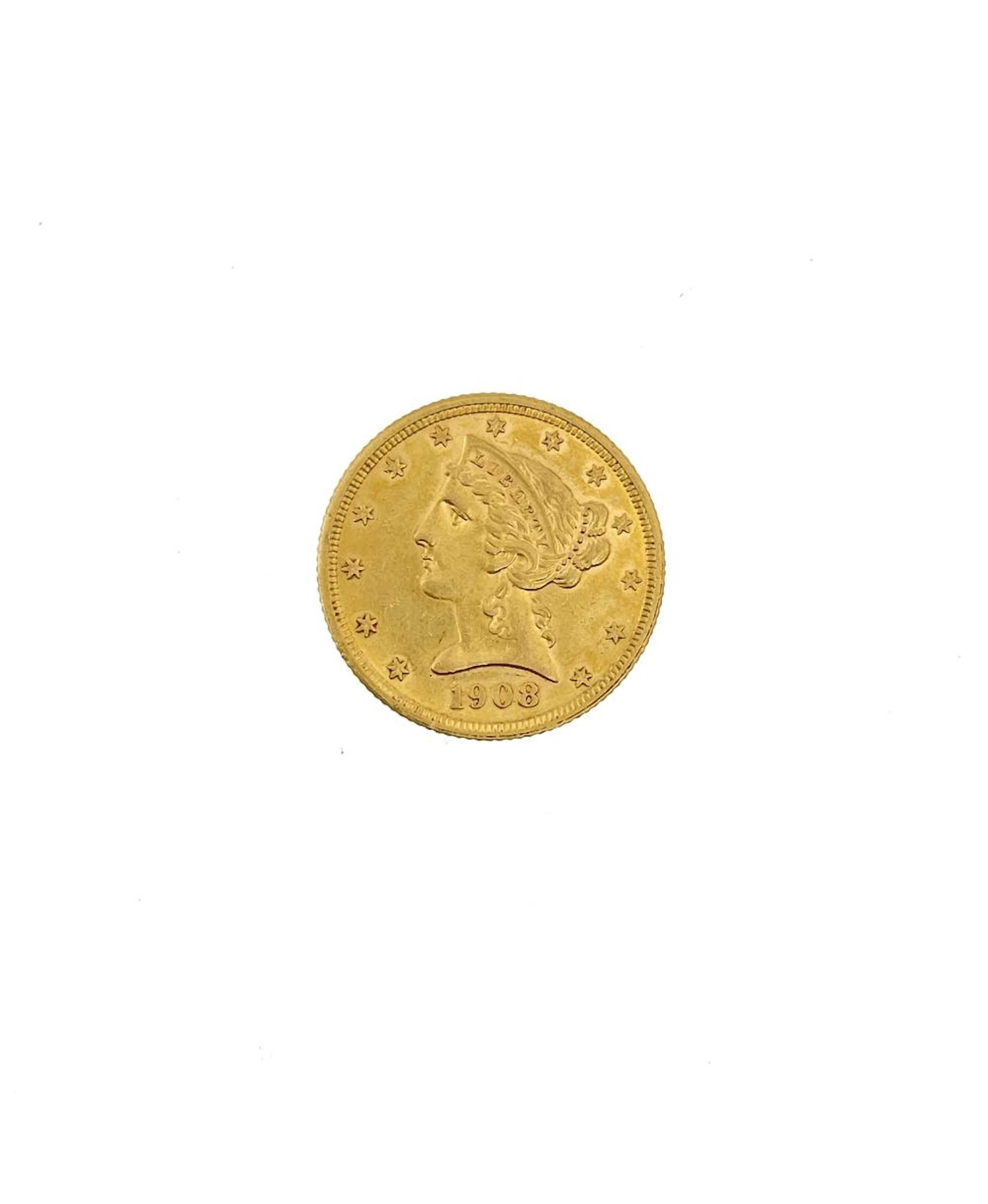1908 LIBERTY HEAD GOLD $5 HALF EAGLE