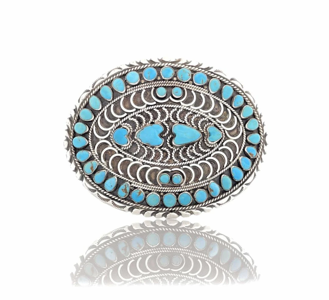 J M BEGAY NAVAJO STERLING SILVER TURQUOISE BELT BUCKLE
