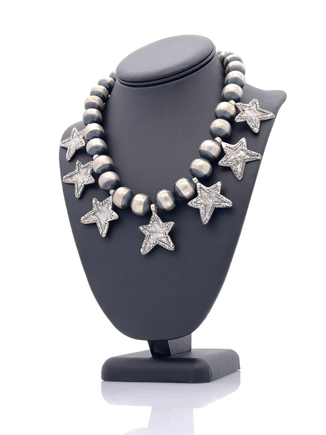 LORETTA BEGAY NAVAJO OXIDIZED STERLING SILVER PEARL & STAR NECKLACE