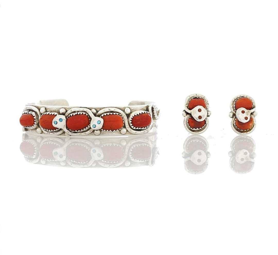 3PC EFFIE CALAVAZA ZUNI STERLING SILVER CORAL SNAKE CUFF & EARRINGS SET