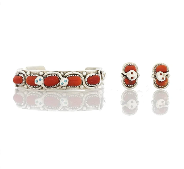 3PC EFFIE CALAVAZA ZUNI STERLING SILVER CORAL SNAKE CUFF & EARRINGS SET