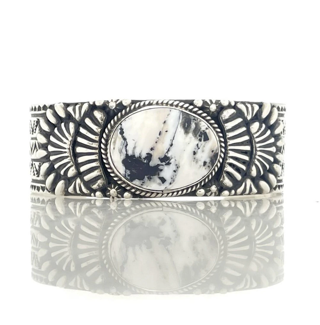 TSOSIE OLIVER WHITE STERLING SILVER WHITE BUFFALO TURQUOISE CUFF